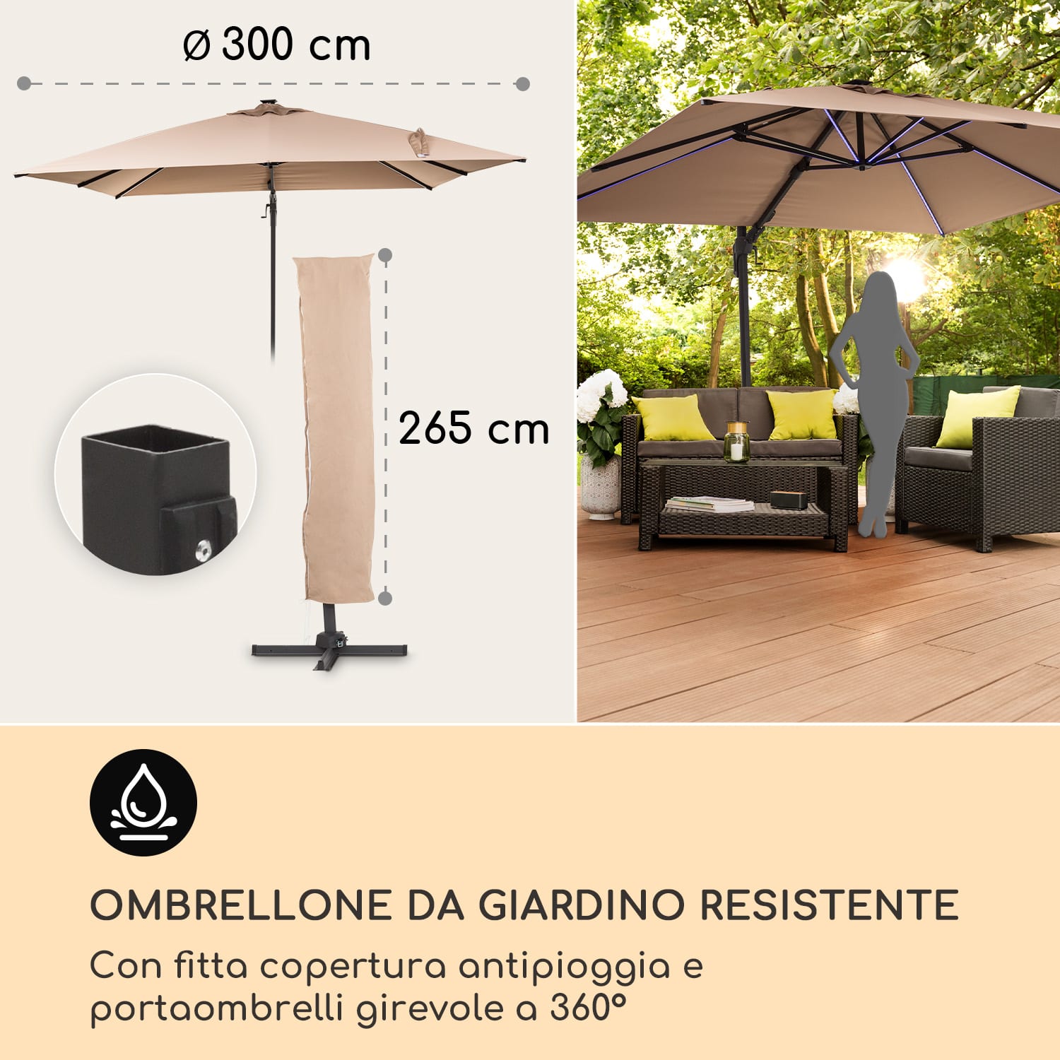 Arles - Ombrellone, 300 x 300 cm, poliestere, UV50+, idrorepellente, luce LED Taupe Clara