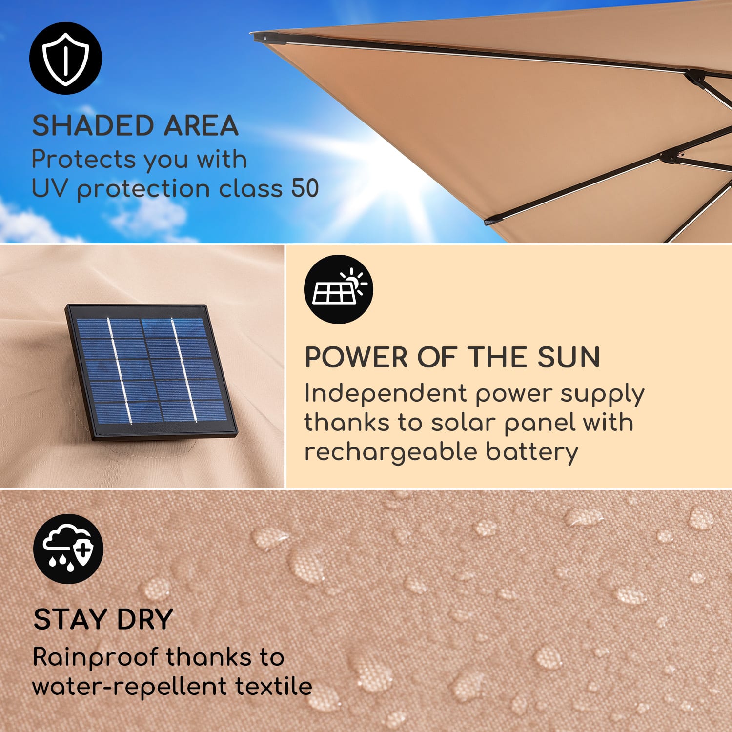 Arles, slunečník, 300 x 300 cm, polyester, UV50+, vodoodpudivý, LED světlo Světlá taupe