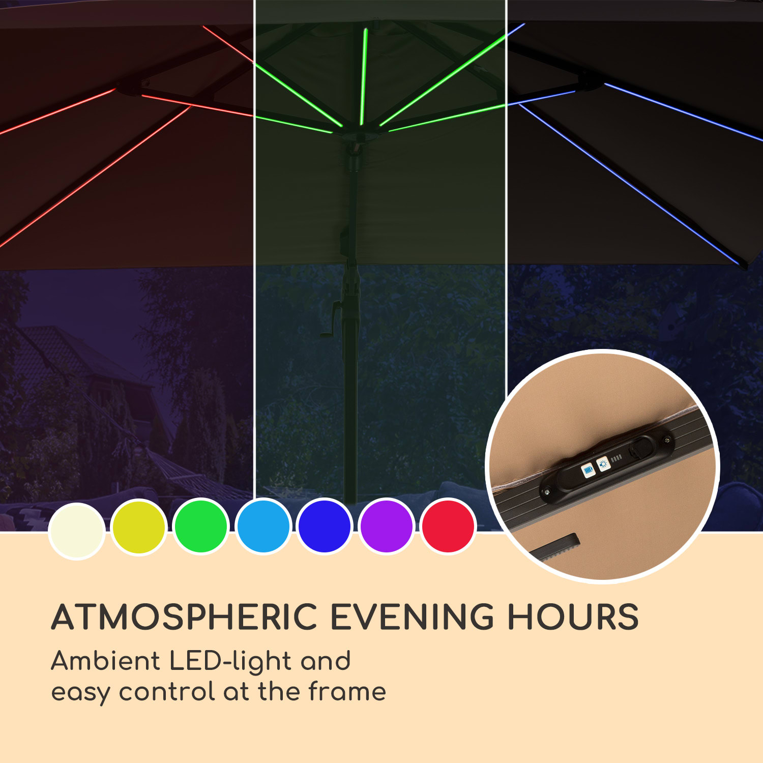 Arles, slunečník, 300 x 300 cm, polyester, UV50+, vodoodpudivý, LED světlo Světlá taupe