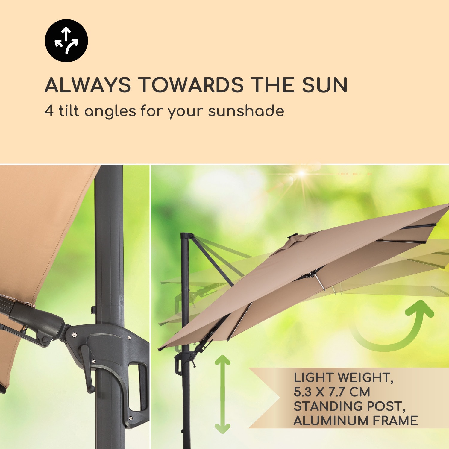 Arles, slunečník, 300 x 300 cm, polyester, UV50+, vodoodpudivý, LED světlo Světlá taupe