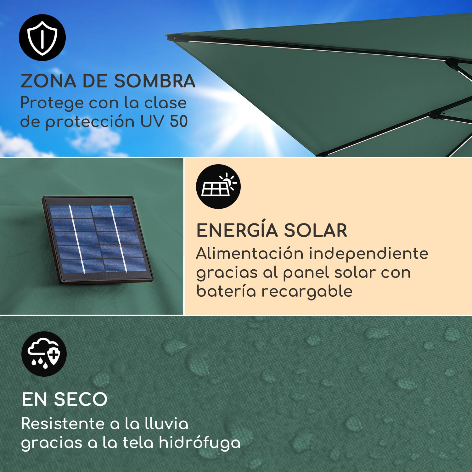 Sombrilla Arles 300 x 300 cm Poliester UV50+ repelente al agua luz LED Musgo Oscuro