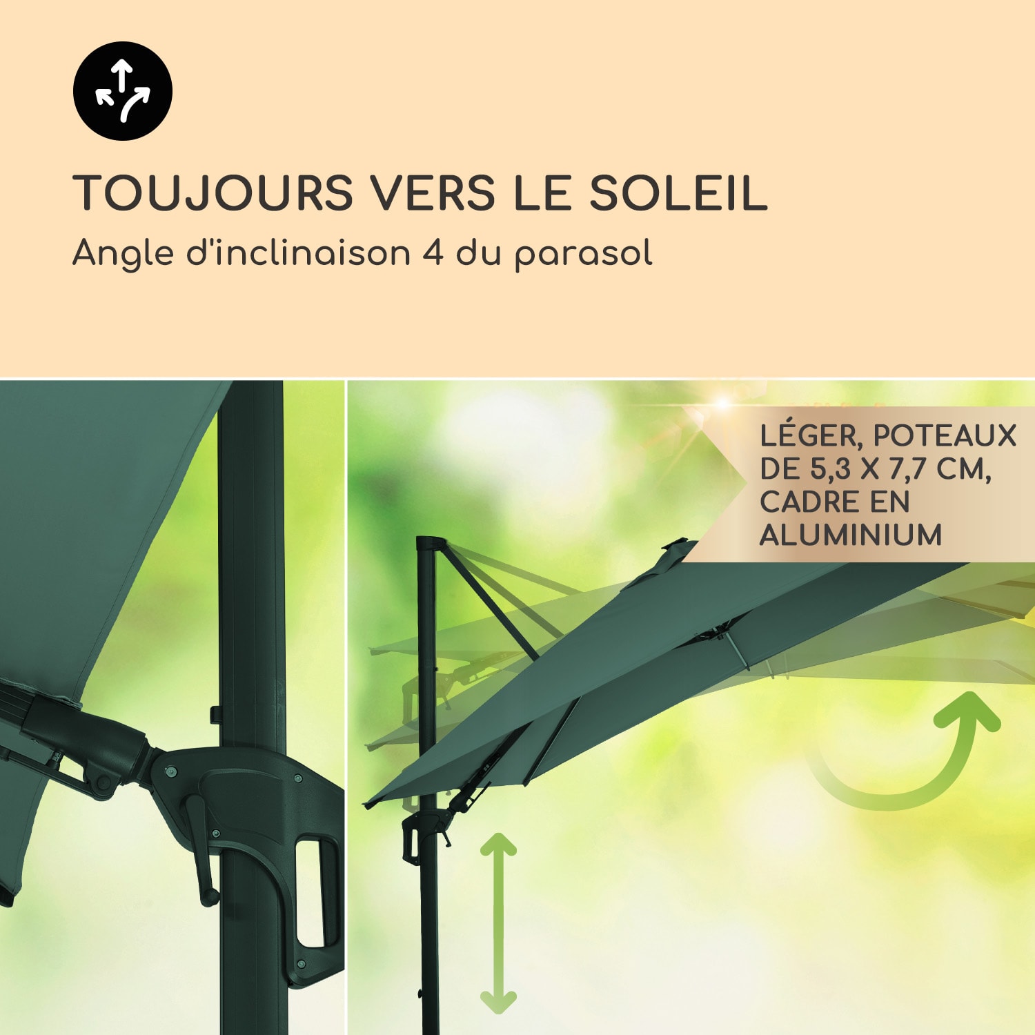 Arles parasol 300 x 300 cm polyester déperlant UV50+ éclairage LED  Mousse Sombre