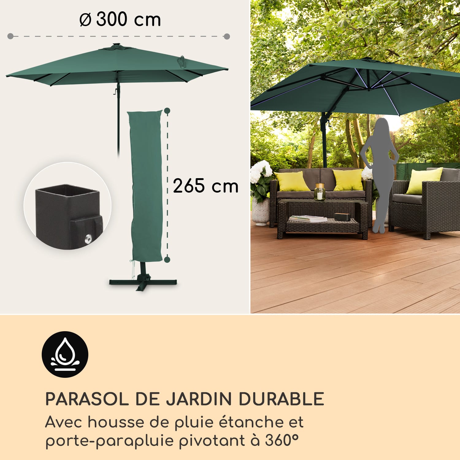 Arles parasol 300 x 300 cm polyester déperlant UV50+ éclairage LED  Mousse Sombre