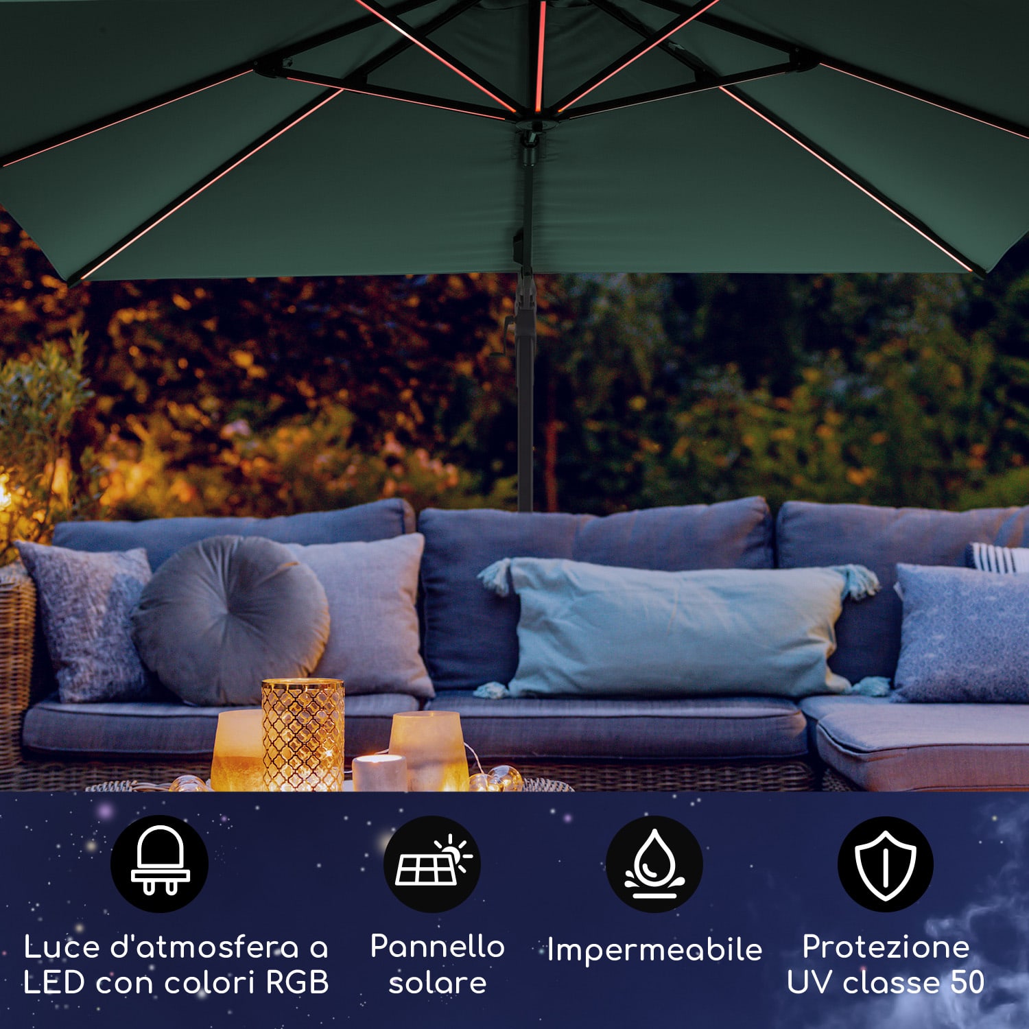 Arles - Ombrellone, 300 x 300 cm, poliestere, UV50+, idrorepellente, luce LED Muschio scuro