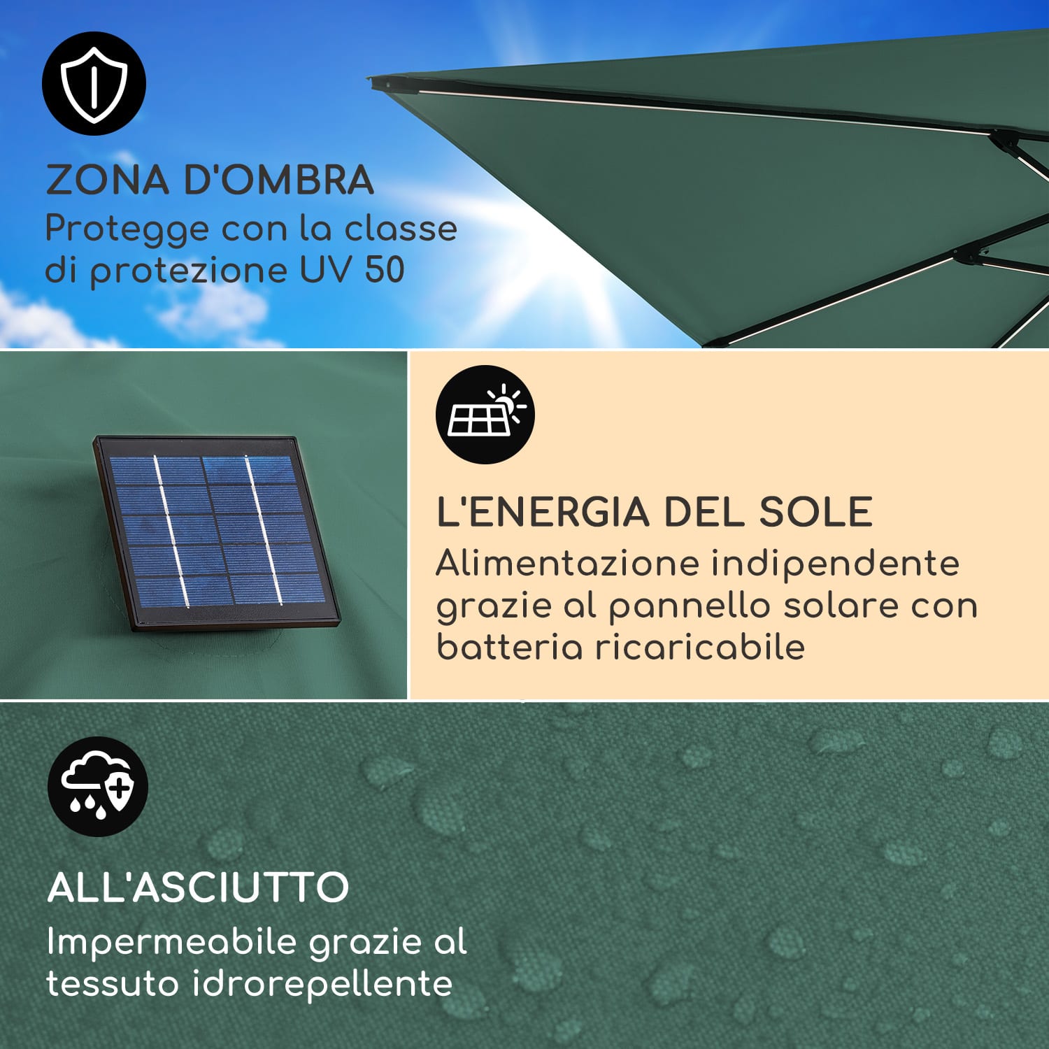 Arles - Ombrellone, 300 x 300 cm, poliestere, UV50+, idrorepellente, luce LED Muschio scuro