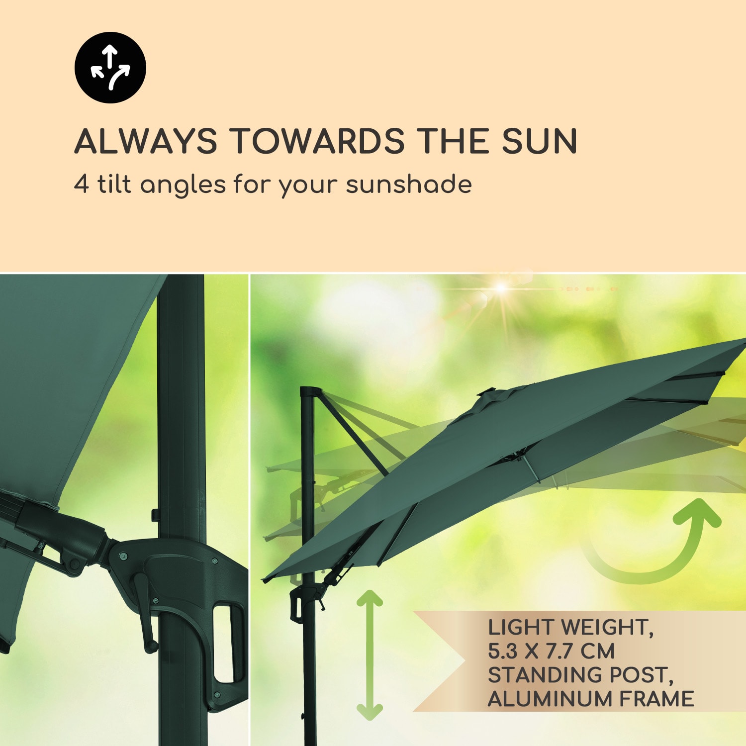 Arles, slunečník, 300 x 300 cm, polyester, UV50+, vodoodpudivý, LED světlo Tmavý mech