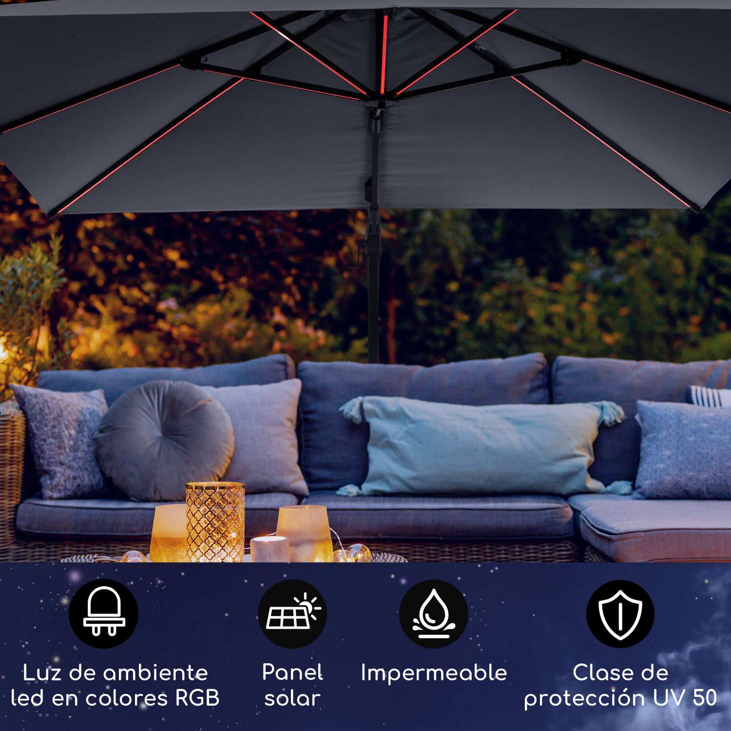 Sombrilla Arles 300 x 300 cm Poliester UV50+ repelente al agua luz LED Antracita