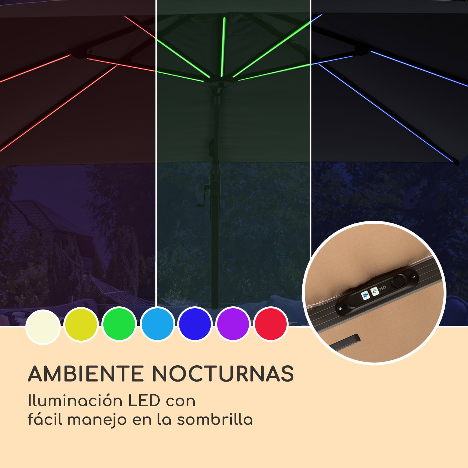 Sombrilla Arles 300 x 300 cm Poliester UV50+ repelente al agua luz LED Antracita