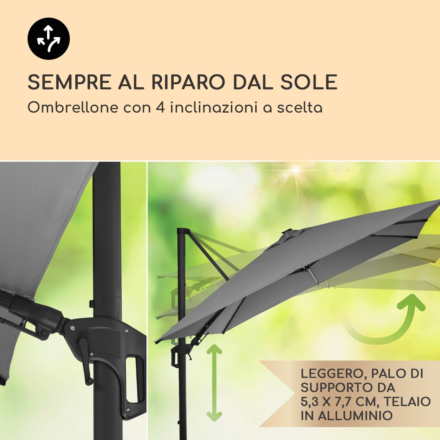 Arles - Ombrellone, 300 x 300 cm, poliestere, UV50+, idrorepellente, luce LED Antracite