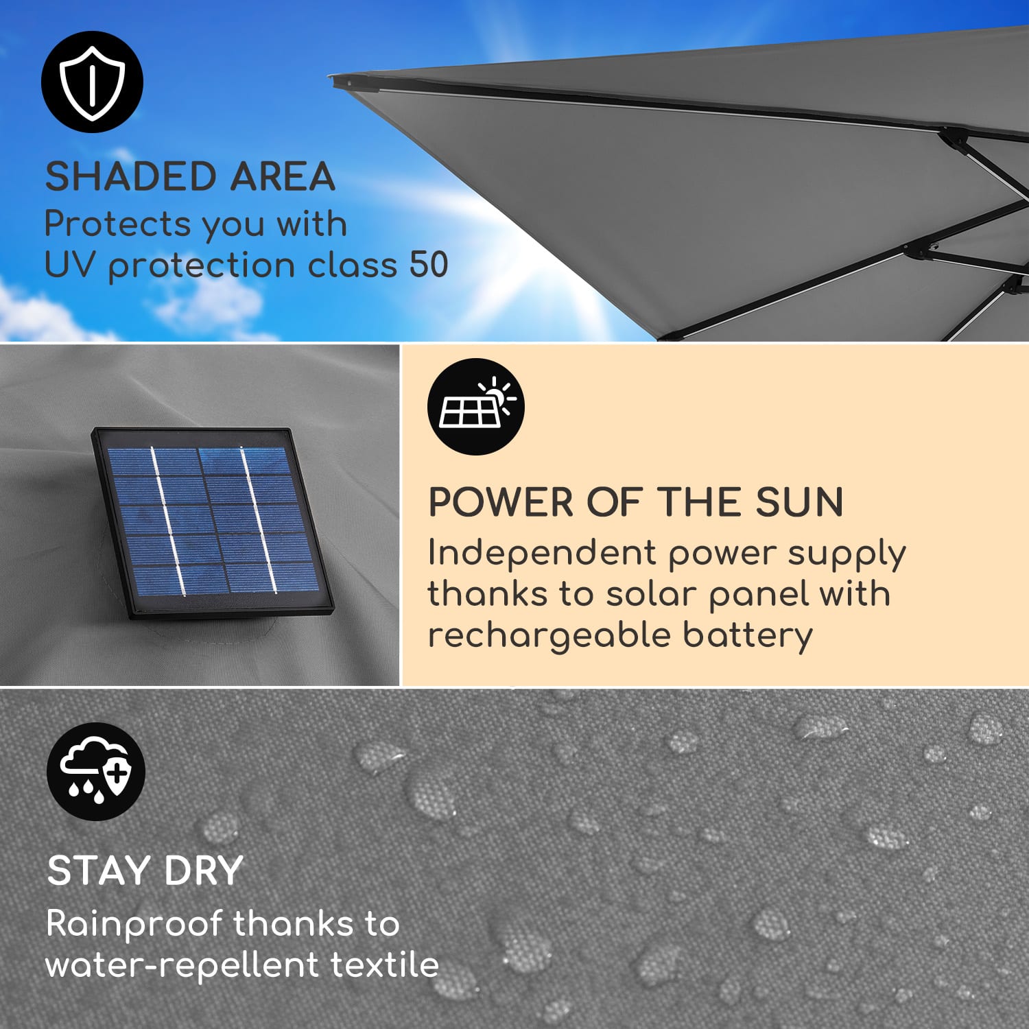 Arles, slnečník, 300 x 300 cm, polyester, UV 50+, vodoodpudivý, LED svetlo Antracit