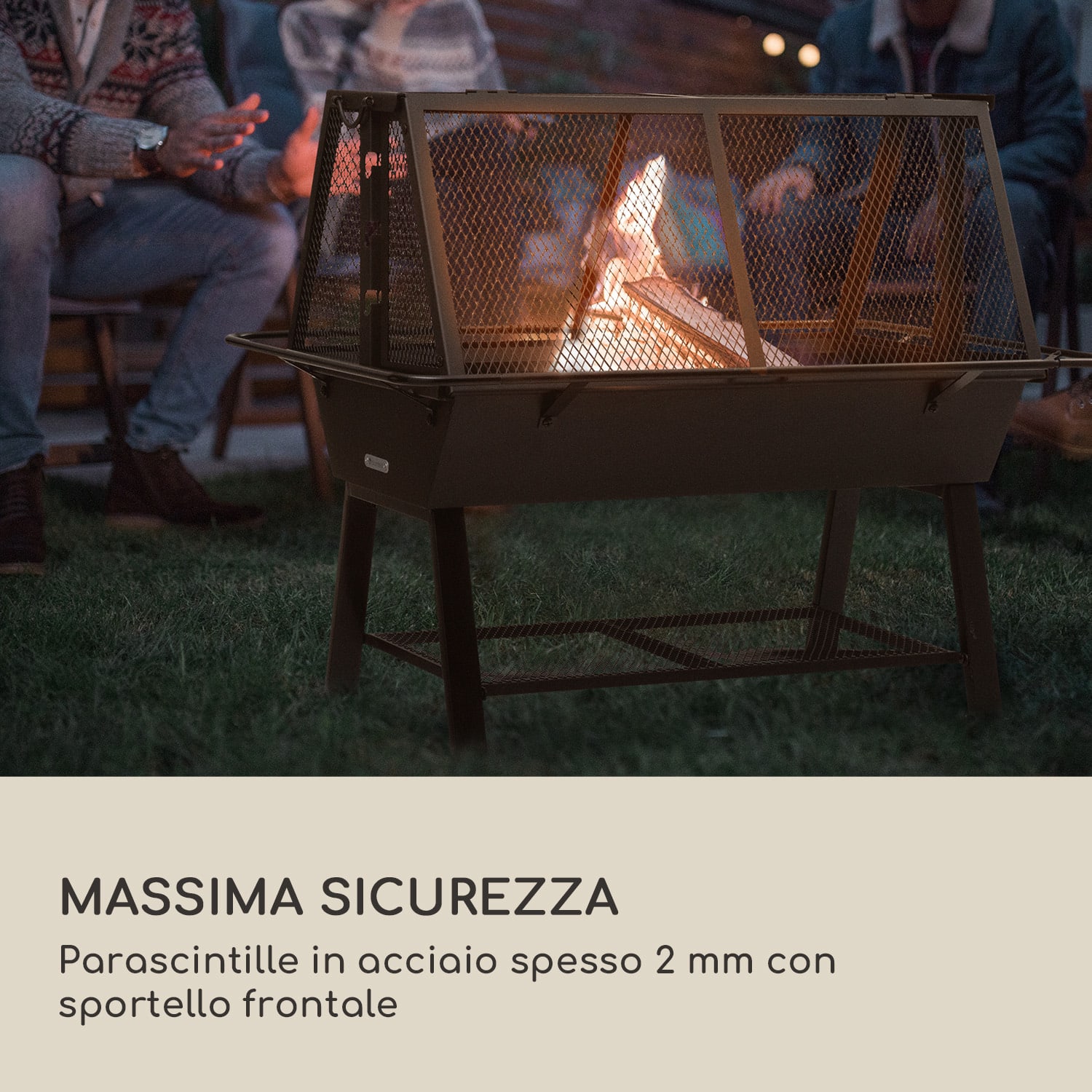 Milos Alto - Griglia con girarrosto, resistente struttura in acciaio, ripiano per riporre la legna 