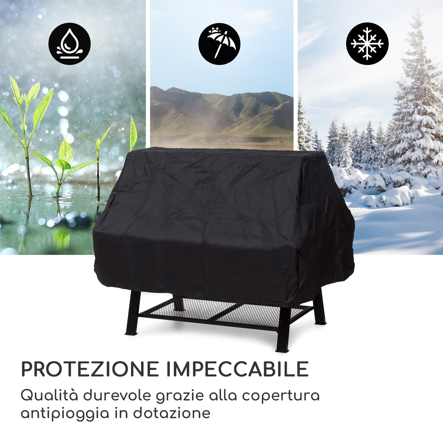 Milos Alto - Griglia con girarrosto, resistente struttura in acciaio, ripiano per riporre la legna 