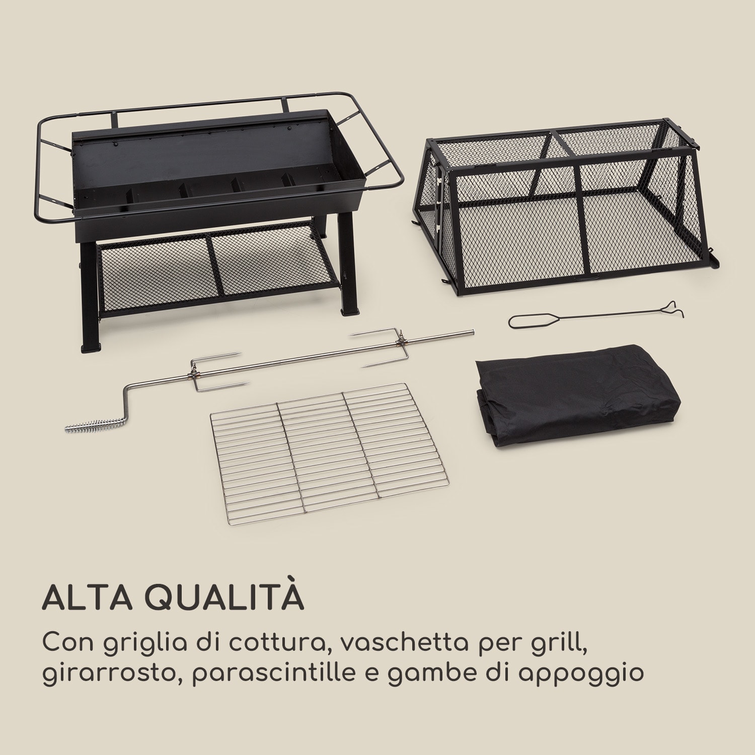 Milos Alto - Griglia con girarrosto, resistente struttura in acciaio, ripiano per riporre la legna 