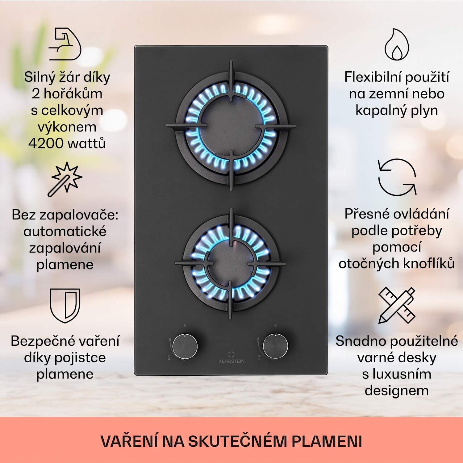 Firetale, plynová varná deska, 2 hořáky, hliníkové hořáky, zemní plyn/propan 30 cm | Sklo | Černá