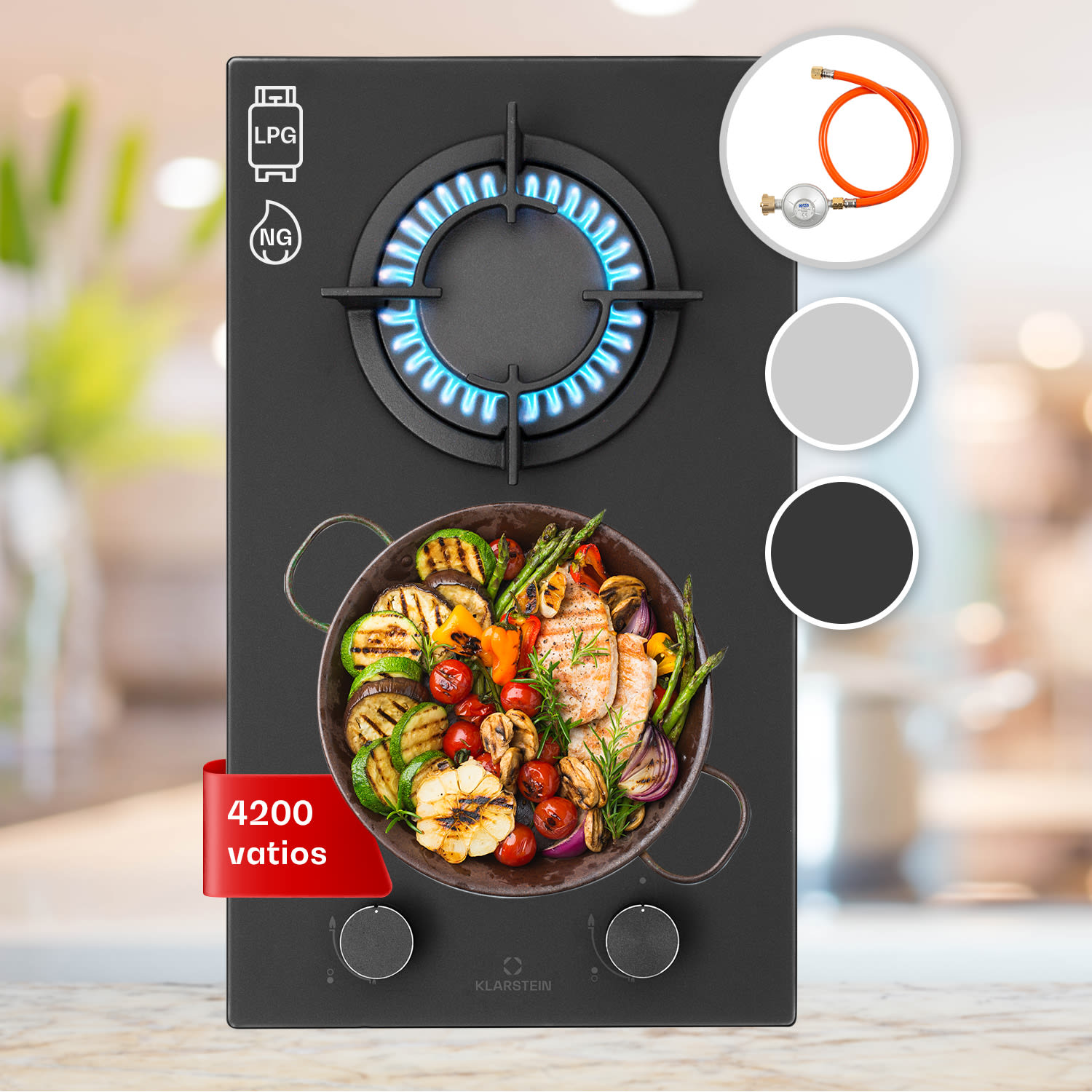 Firetale Placa de gas de 2 zonas Quemador de aluminio Gas natural/gas propano Incl. manguera y reductor de presión 30 cm | Cristal | Negro