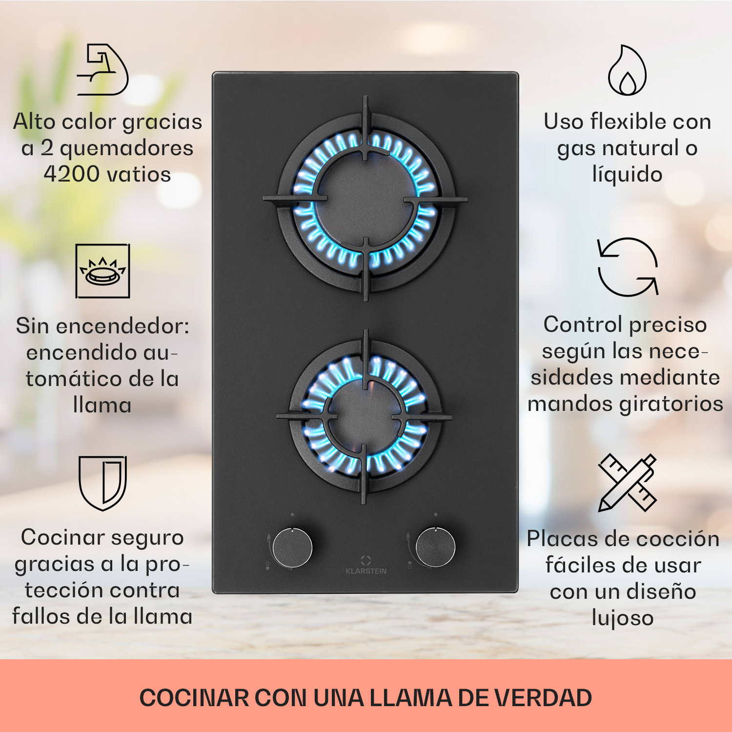 Firetale Placa de gas de 2 zonas Quemador de aluminio Gas natural/gas propano Incl. manguera y reductor de presión 30 cm | Cristal | Negro