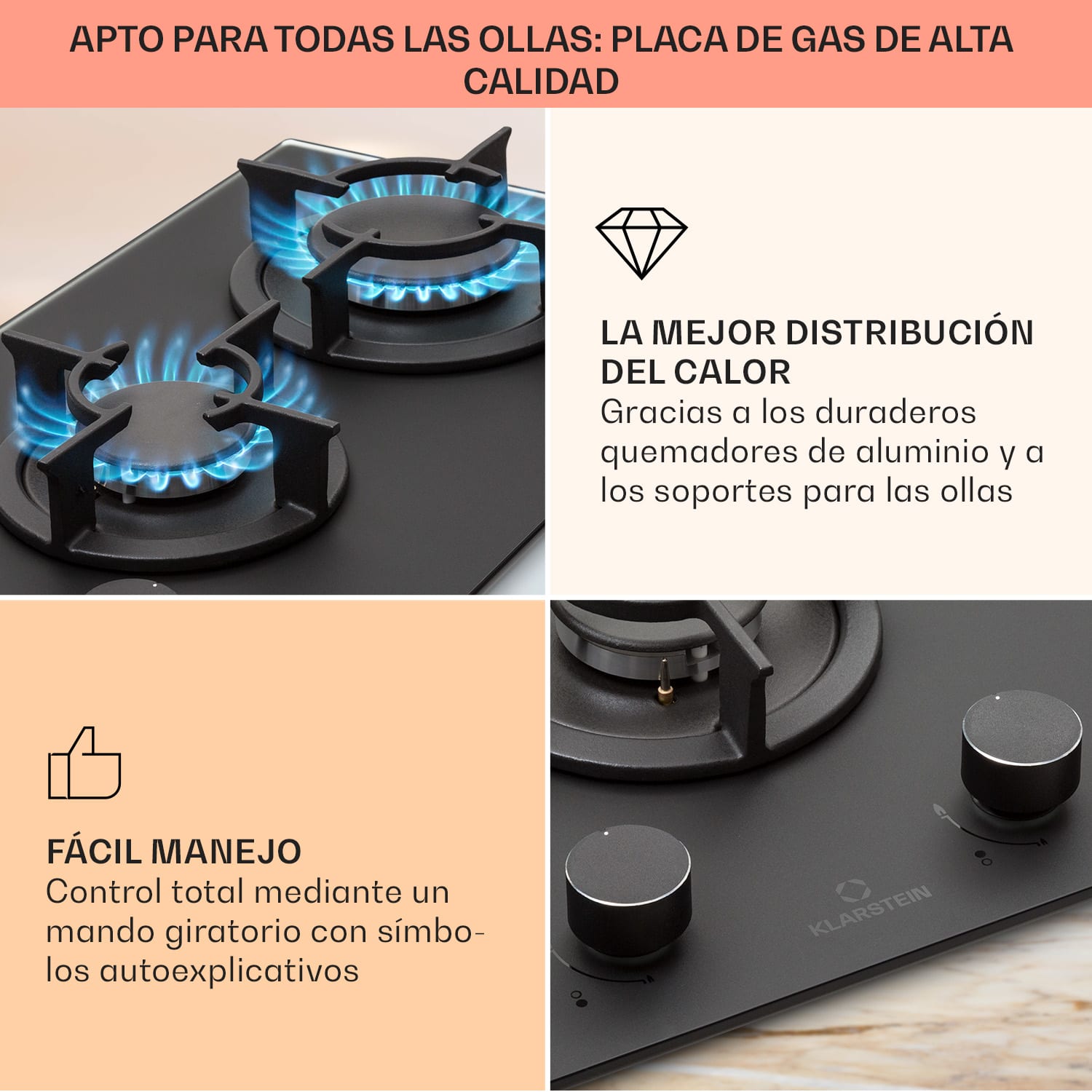 Firetale Placa de gas de 2 zonas Quemador de aluminio Gas natural/gas propano Incl. manguera y reductor de presión 30 cm | Cristal | Negro