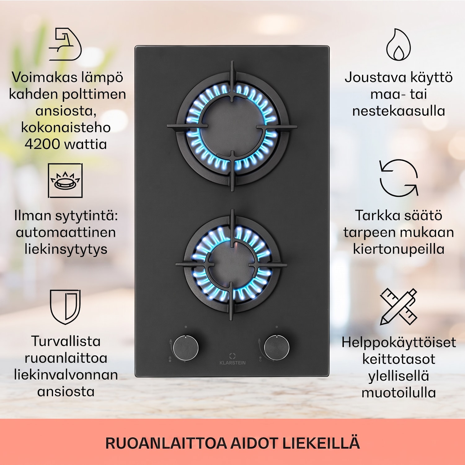 Firetale kaasuliesi 2-polttimoinen alumiinipolttimilla maakaasu/propaani, letku ja paineensäädin mukana 30 cm | Lasi | Musta