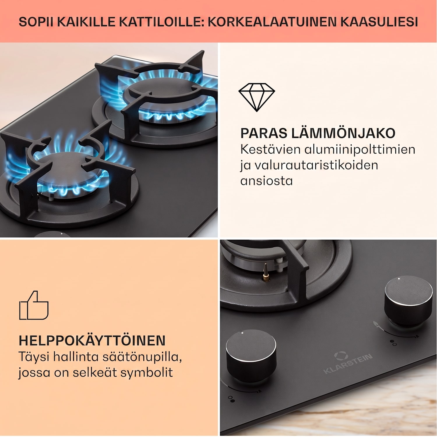 Firetale kaasuliesi 2-polttimoinen alumiinipolttimilla maakaasu/propaani, letku ja paineensäädin mukana 30 cm | Lasi | Musta