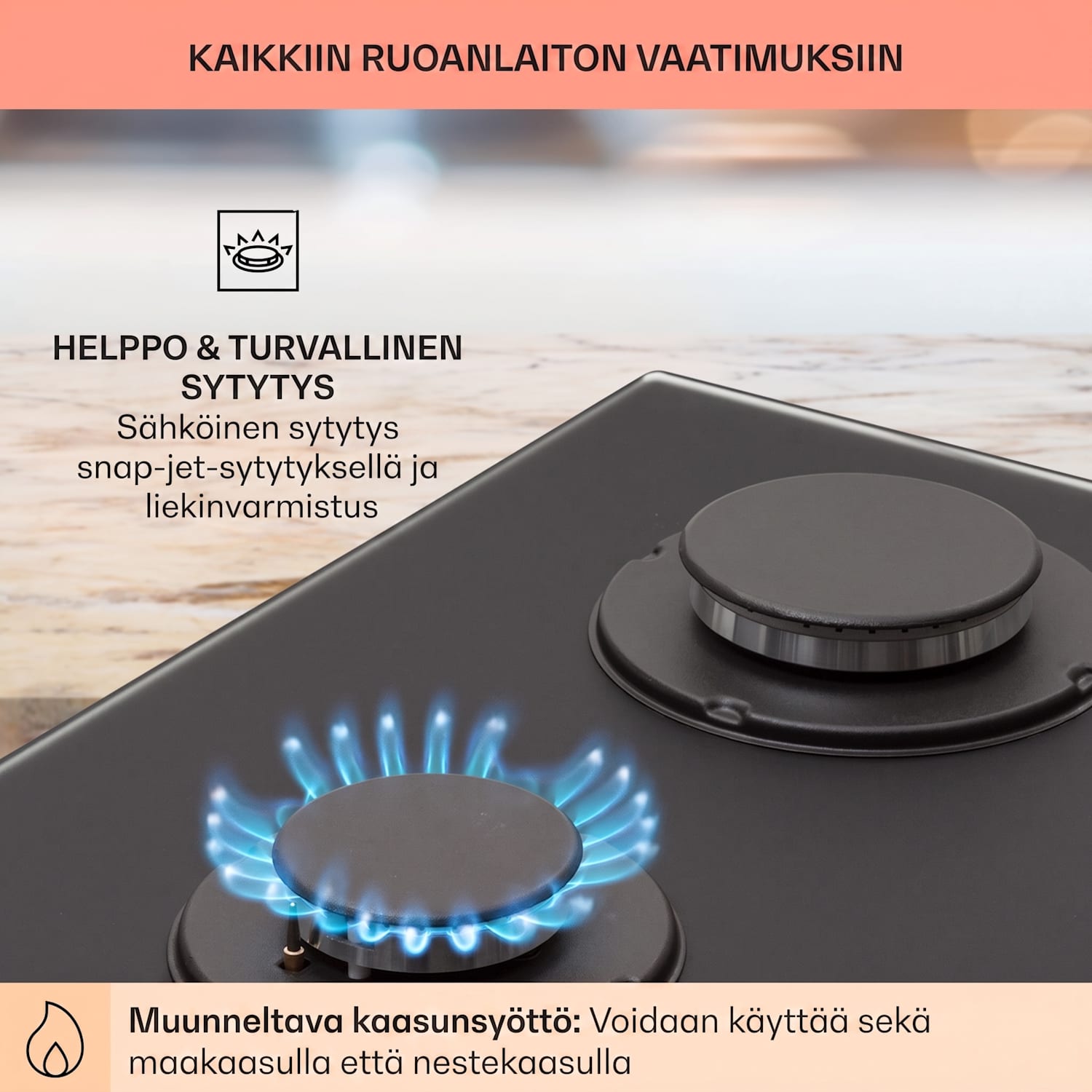 Firetale kaasuliesi 2-polttimoinen alumiinipolttimilla maakaasu/propaani, letku ja paineensäädin mukana 30 cm | Lasi | Musta