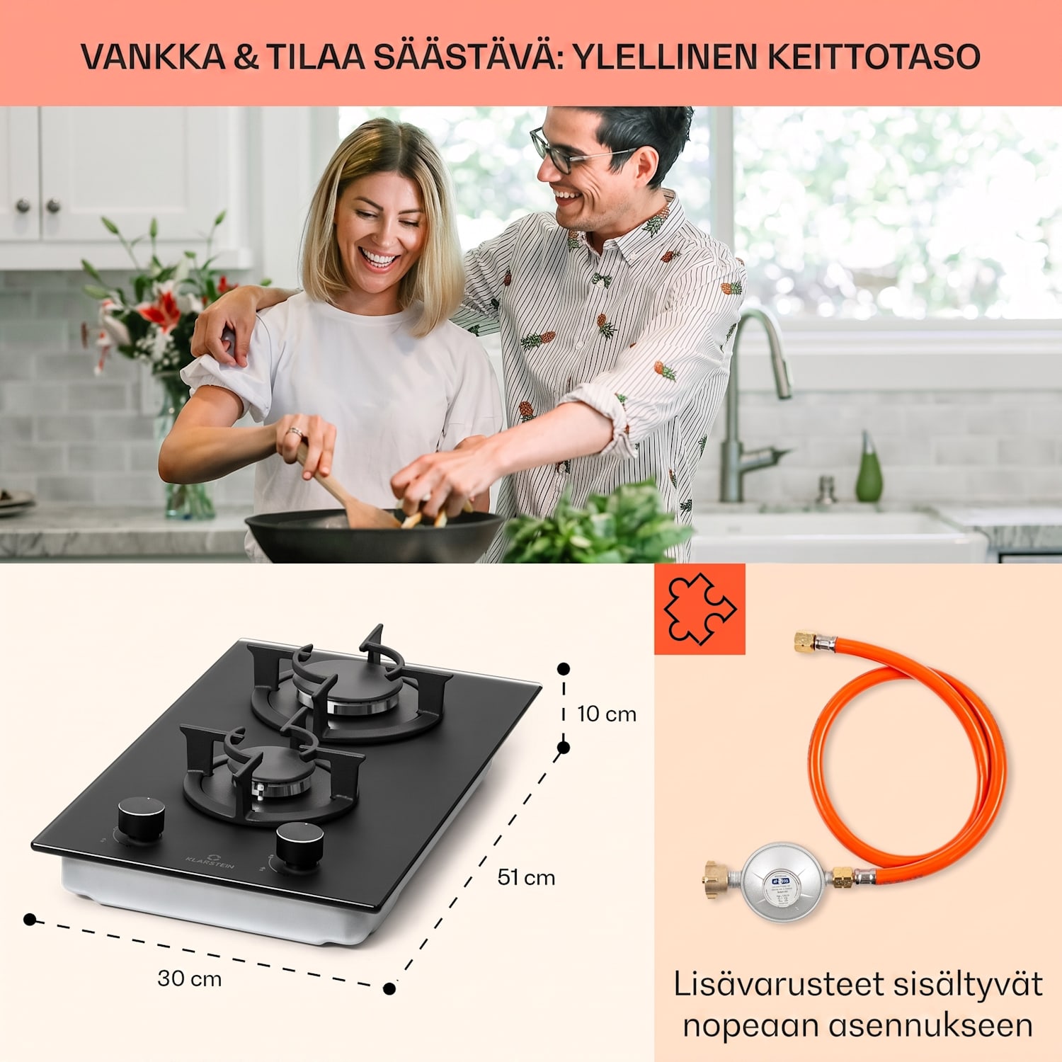 Firetale kaasuliesi 2-polttimoinen alumiinipolttimilla maakaasu/propaani, letku ja paineensäädin mukana 30 cm | Lasi | Musta