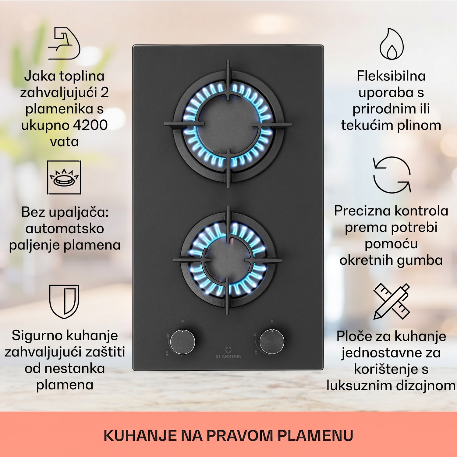 Firetale, plinska ploča za kuhanje, 2 plamenika, aluminijski plamenici, prirodni plin/propan 30 cm | Staklo | Crna