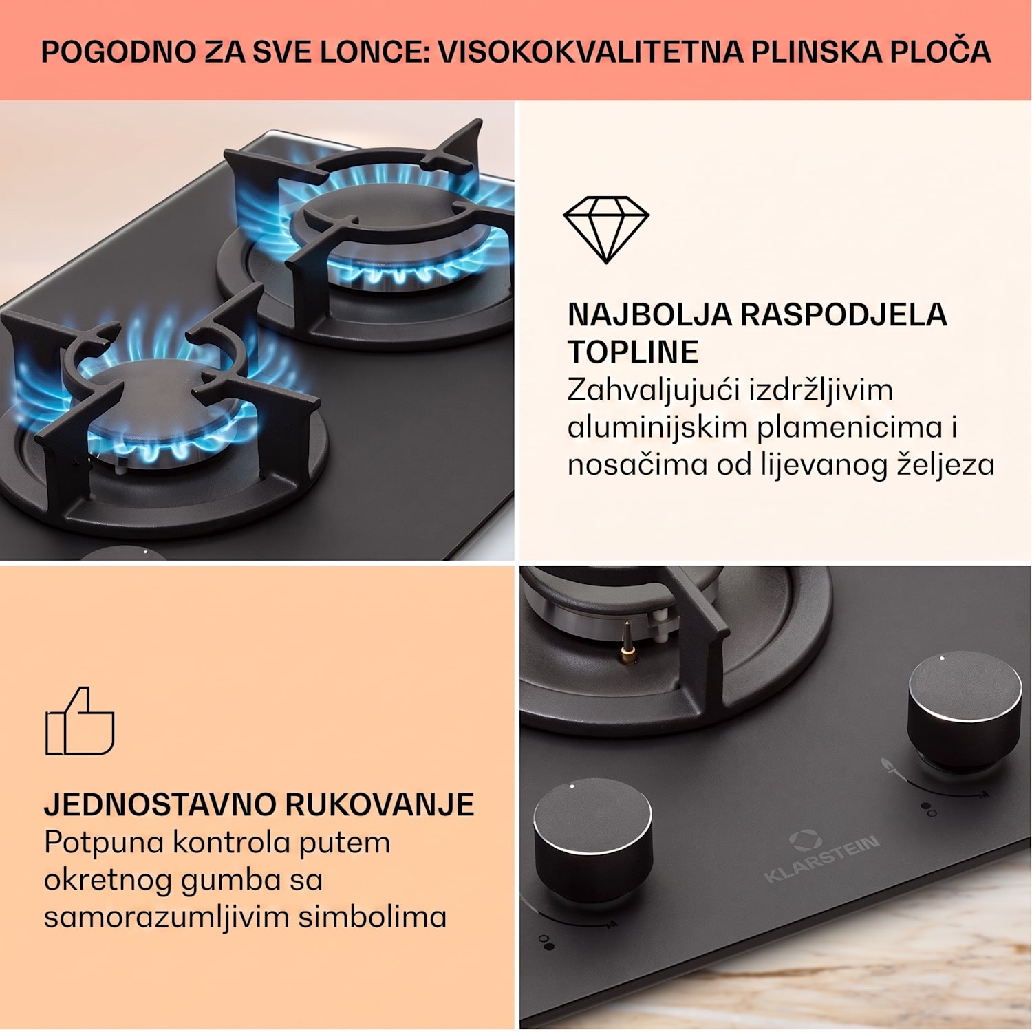 Firetale, plinska ploča za kuhanje, 2 plamenika, aluminijski plamenici, prirodni plin/propan 30 cm | Staklo | Crna