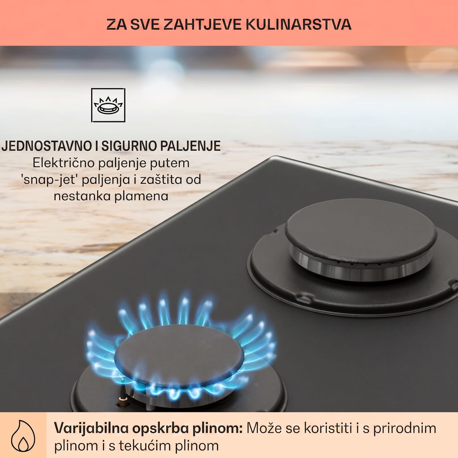 Firetale, plinska ploča za kuhanje, 2 plamenika, aluminijski plamenici, prirodni plin/propan 30 cm | Staklo | Crna