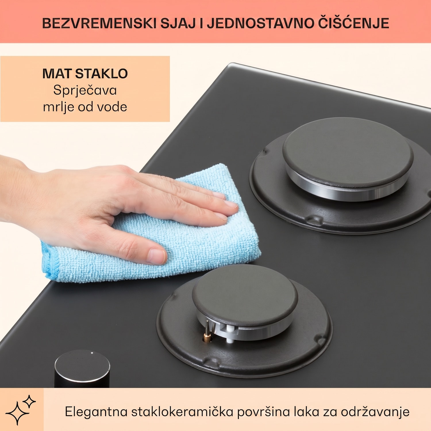 Firetale, plinska ploča za kuhanje, 2 plamenika, aluminijski plamenici, prirodni plin/propan 30 cm | Staklo | Crna
