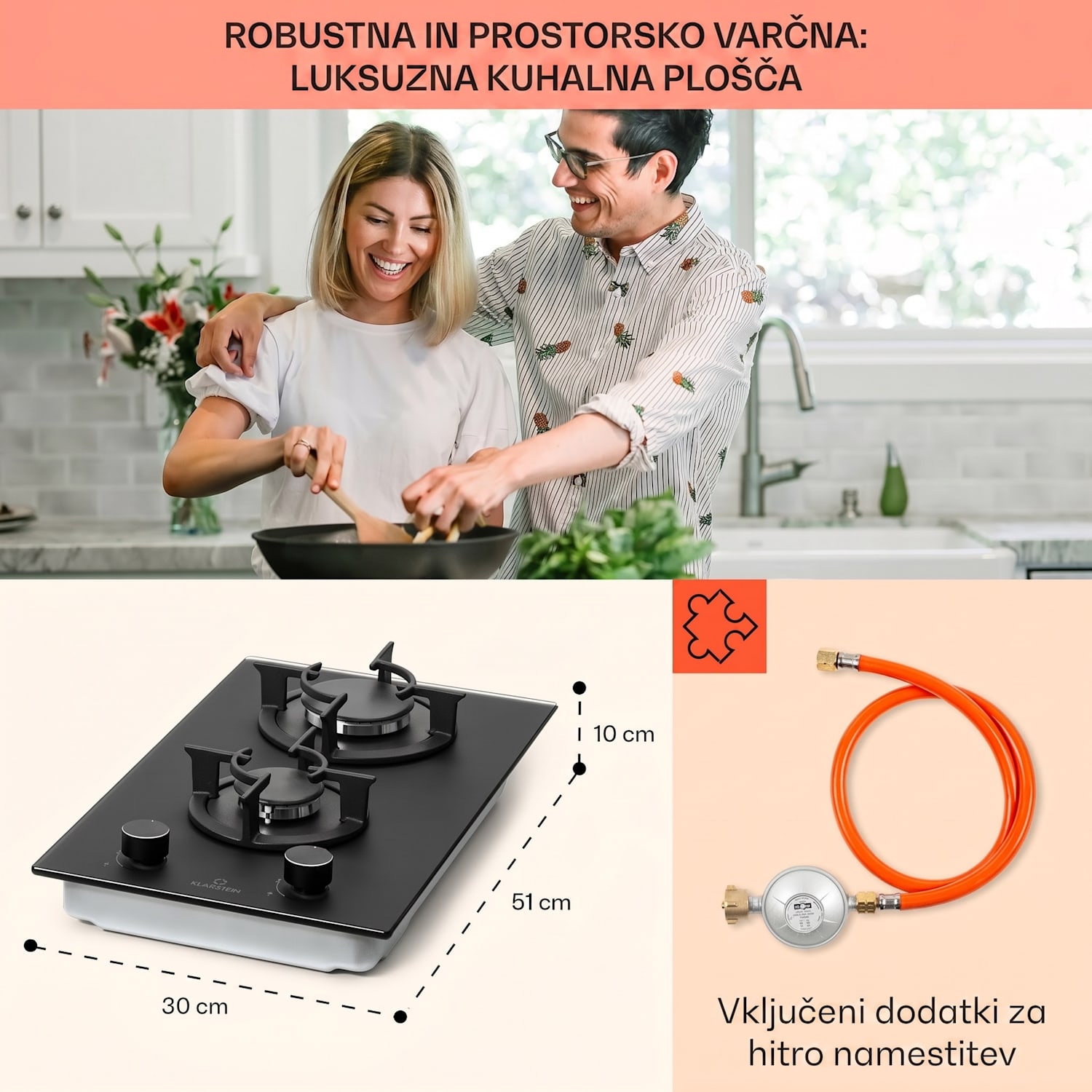 Firetale, plinska kuhalna plošča, 2 gorilnika, aluminijasti gorilniki, zemeljski plin/propan 30 cm | Steklo | Črna