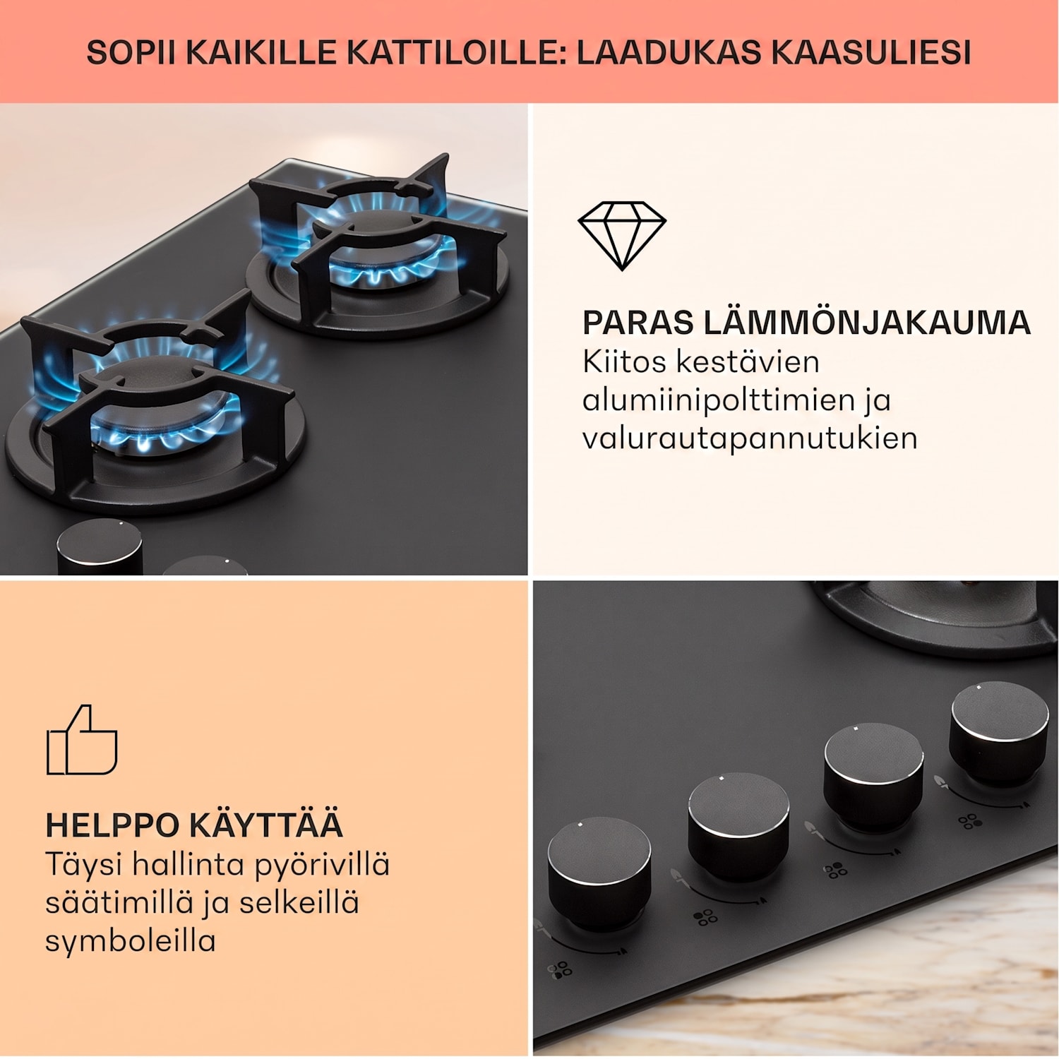 Firetale kaasuliesi 4 poltinta 60 cm alumiinipolttimilla, mukana letku ja paineensäädin 60 cm | Lasi | Musta