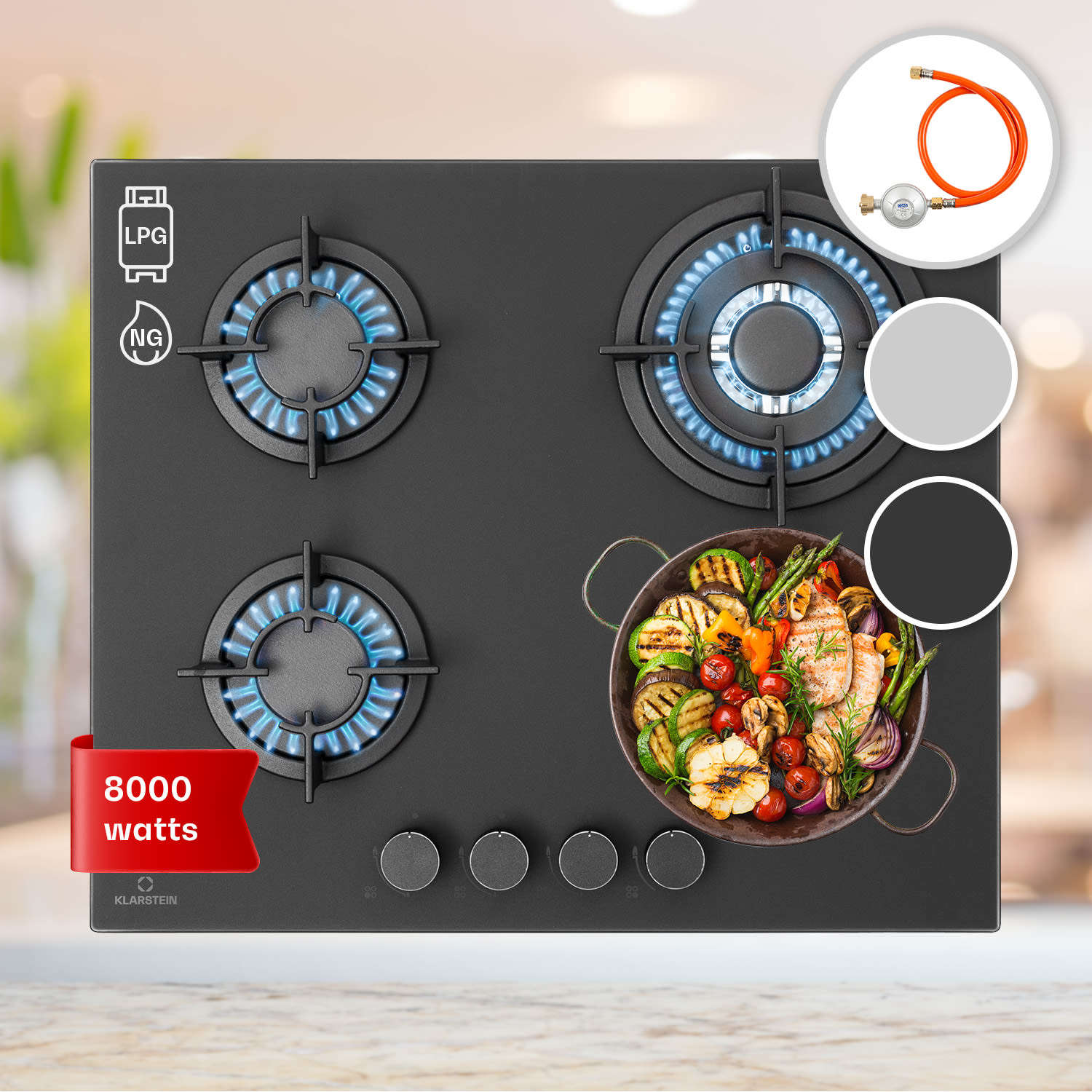 Firetale gaskookplaat 4-pits 60 cm aluminium brander incl. slang en drukregelaar  60 cm | Glas | Zwart