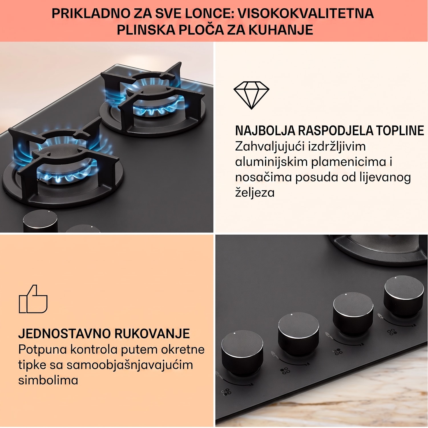 Firetale, plinska ploča za kuhanje, 4 plamenika, aluminijski plamenici, uključujući crijevo i reducir ventil 60 cm | Staklo | Crna