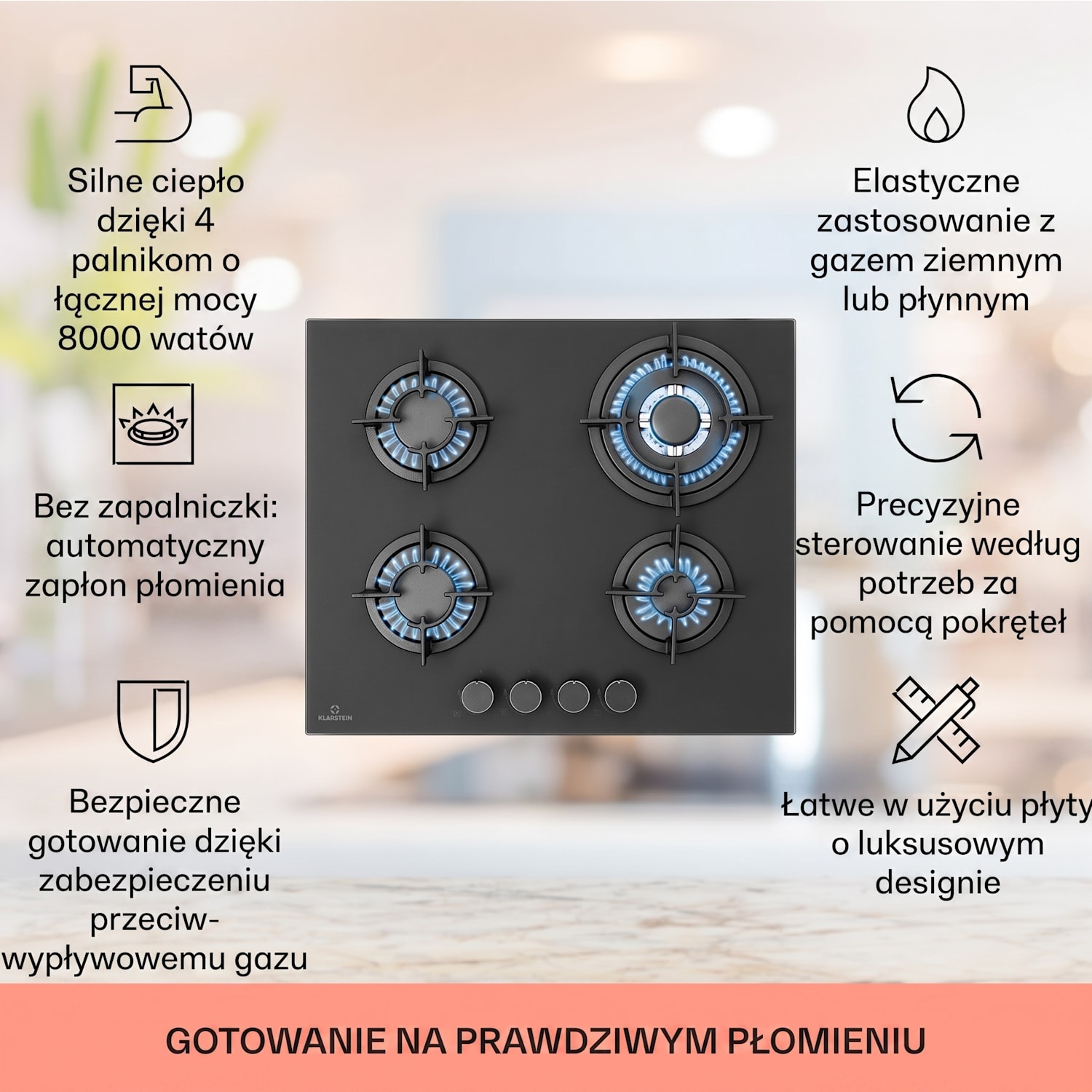 Firetale, płyta gazowa, 4 palniki z aluminium, 60 cm, waż i reduktor ciśnienia 60 cm | Szkło | Czarny