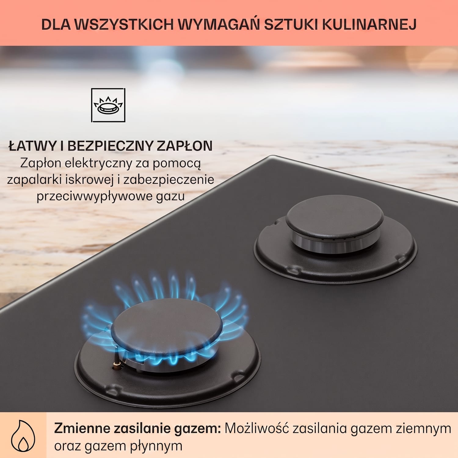 Firetale, płyta gazowa, 4 palniki z aluminium, 60 cm, waż i reduktor ciśnienia 60 cm | Szkło | Czarny