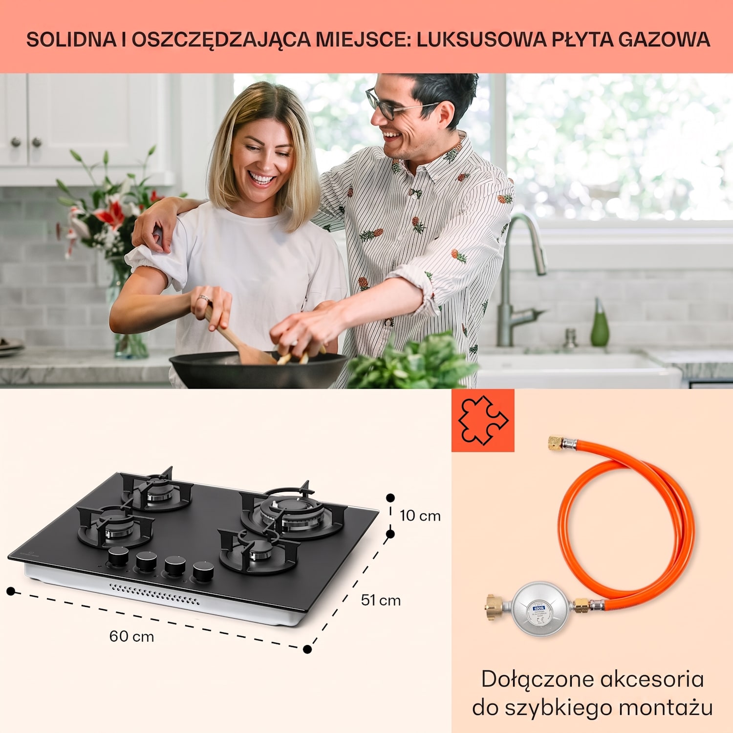 Firetale, płyta gazowa, 4 palniki z aluminium, 60 cm, waż i reduktor ciśnienia 60 cm | Szkło | Czarny