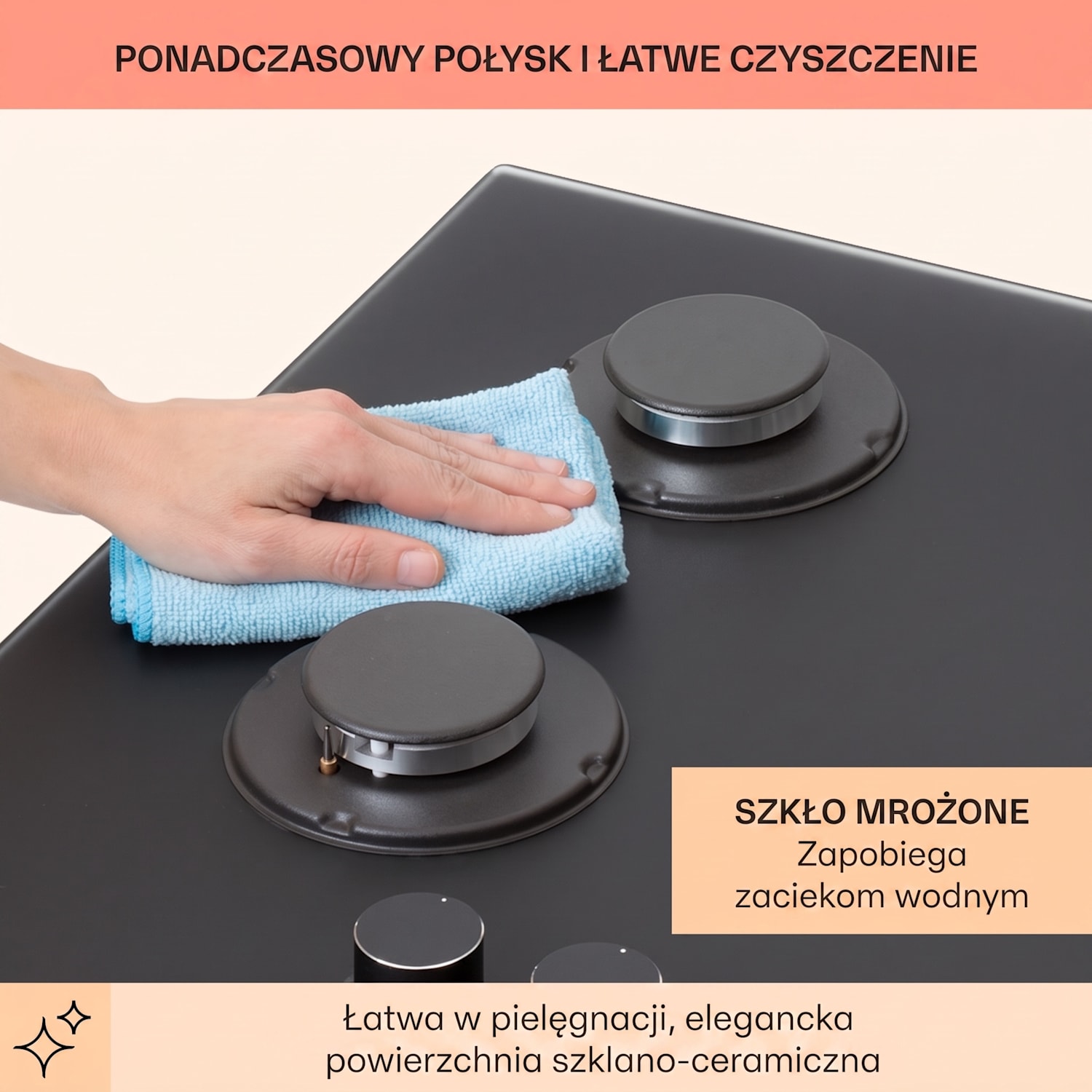 Firetale, płyta gazowa, 4 palniki z aluminium, 60 cm, waż i reduktor ciśnienia 60 cm | Szkło | Czarny
