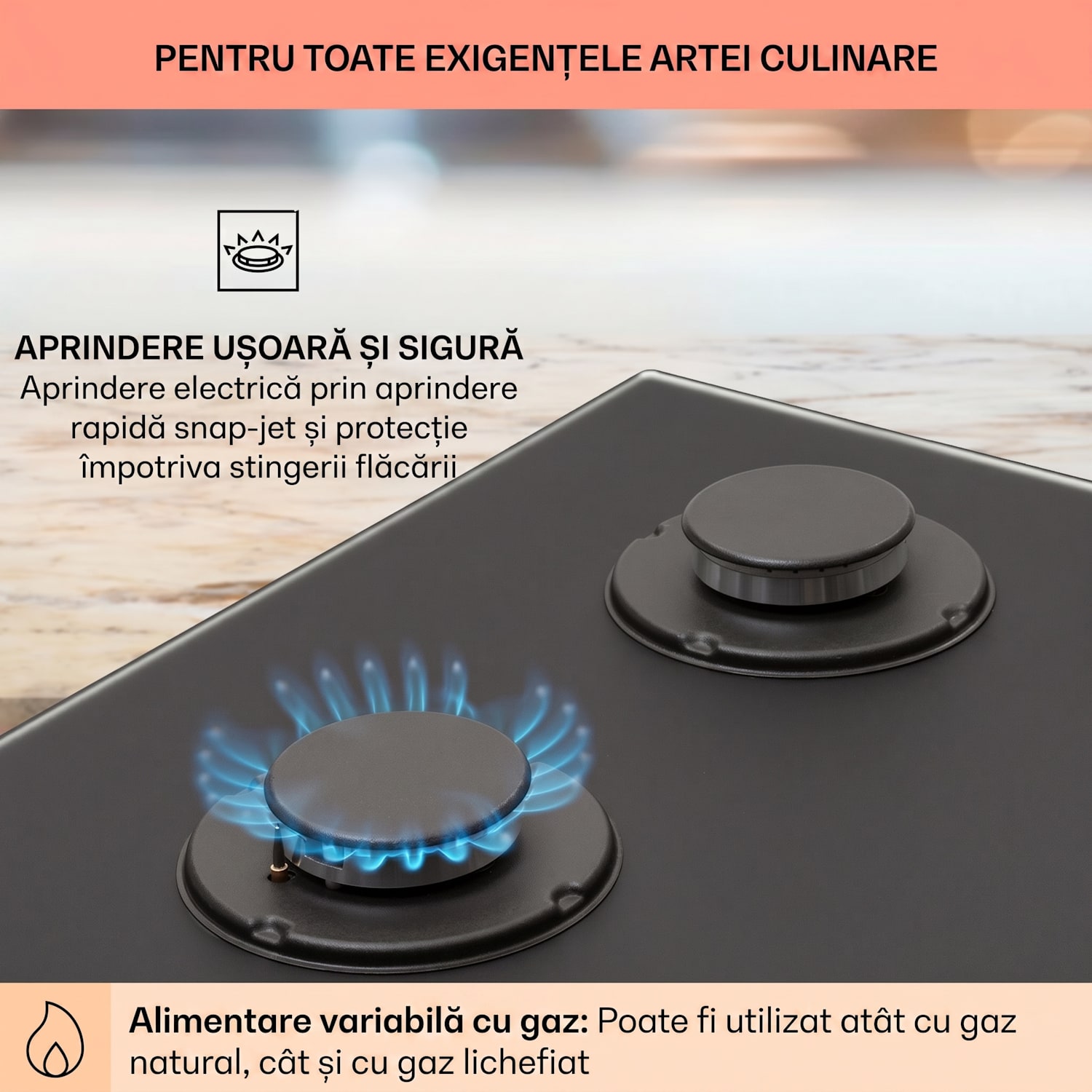 Firetale, plită cu gaz, 4 arzătoare, arzătoare din aluminiu, inclusiv furtun și reductor de presiune 60 cm | Sticlă | Negru