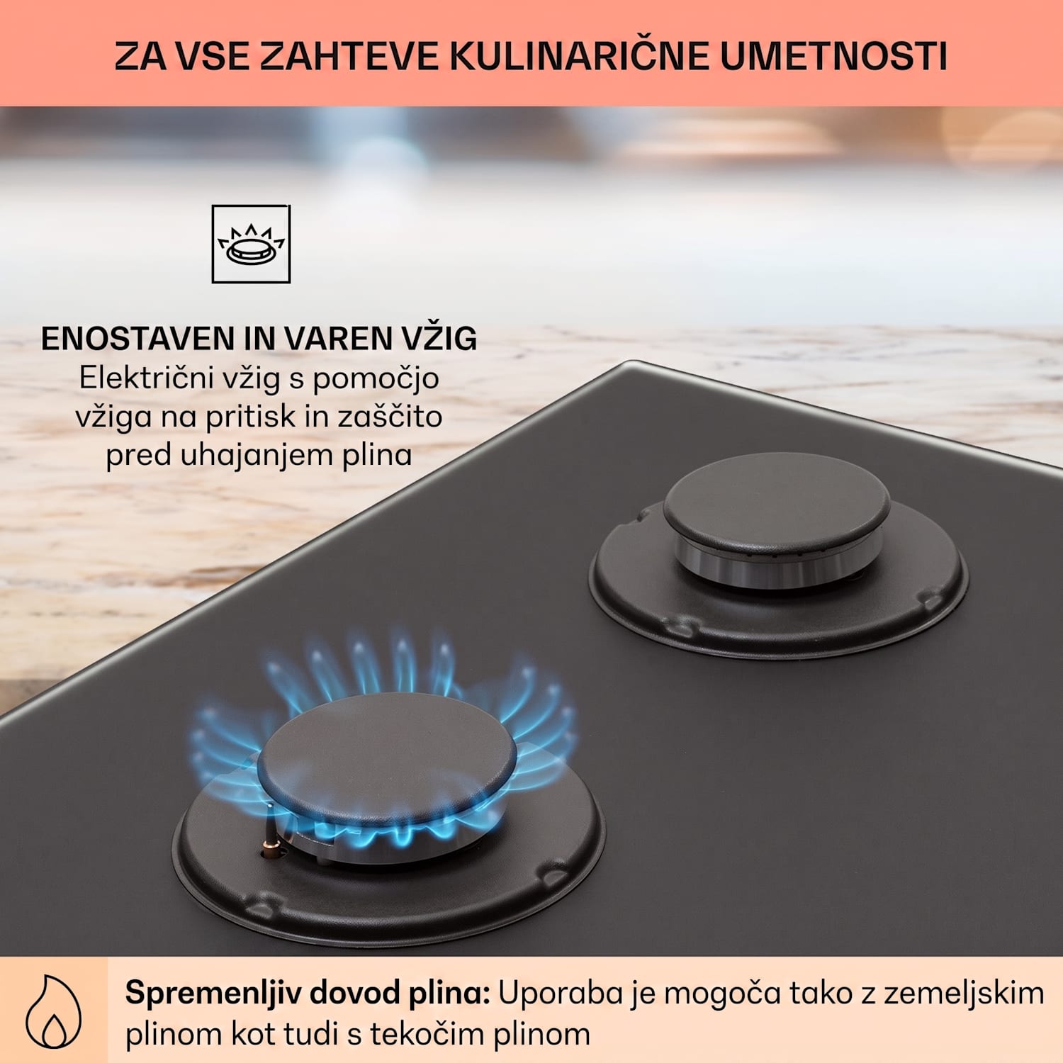 Firetale, plinska kuhalna plošča, 4 gorilniki, aluminijasti gorilniki, vključno s cevjo in redukcijskim ventilom 60 cm | Steklo | Črna