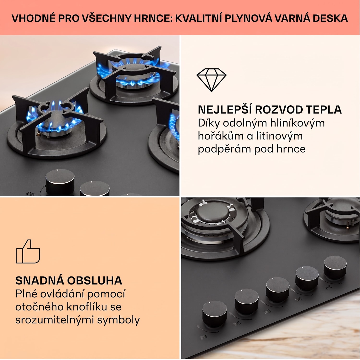 Firetale, plynová varná deska, 5 hořáků, 70 cm, hliníkové hořáky, včetně hadice a redukčního ventilu 70 cm | Sklo | Černá