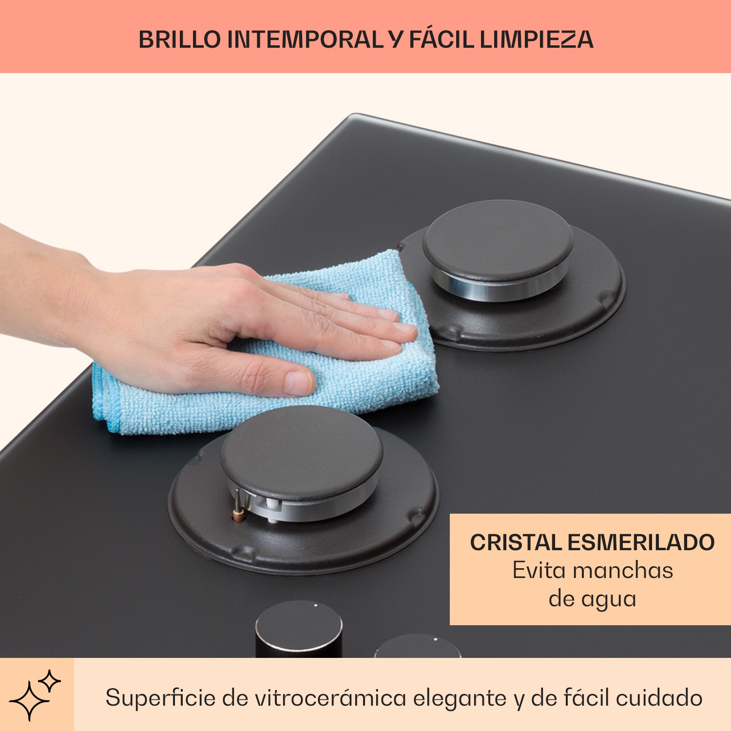 Firetale Placa de gas de 5 zonas 70 cm Quemador de aluminio Incl. manguera y reductor de presión  70 cm | Cristal | Negro