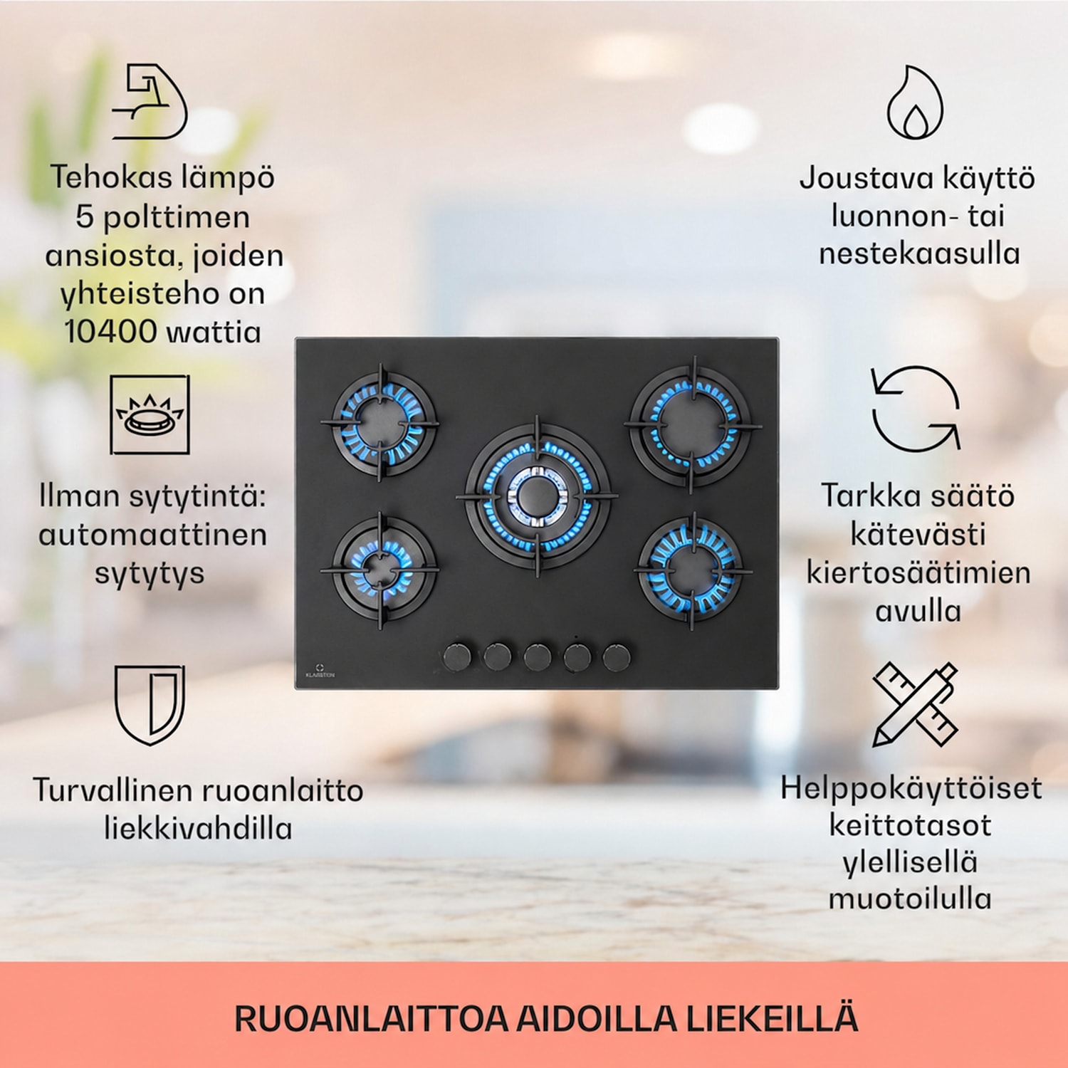 Firetale-kaasuliesi 5-liekkinen 70 cm alumiinipoltin sis. letkun ja paineensäätimen 70 cm | Lasi | Musta
