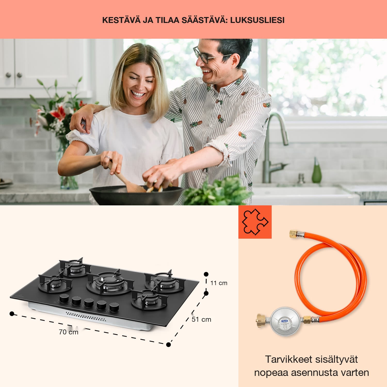 Firetale-kaasuliesi 5-liekkinen 70 cm alumiinipoltin sis. letkun ja paineensäätimen 70 cm | Lasi | Musta
