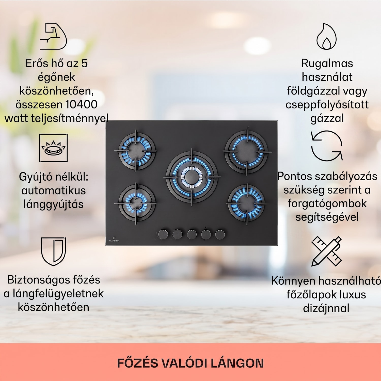 Firetale, gázfőzőlap, 5 égő, 70 cm, alumínium égők, tömlővel és redukáló szeleppel 70 cm | Üveg | Fekete
