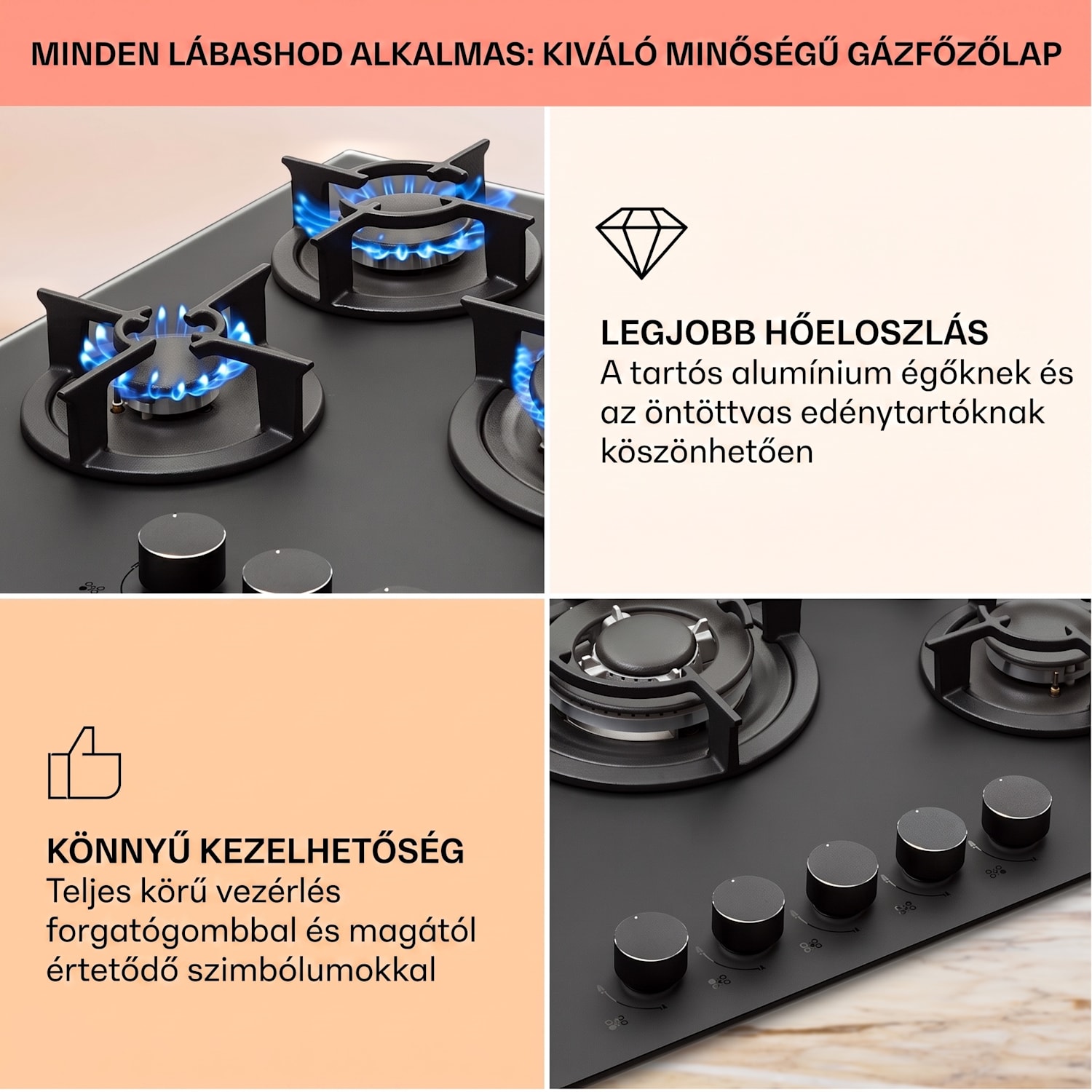 Firetale, gázfőzőlap, 5 égő, 70 cm, alumínium égők, tömlővel és redukáló szeleppel 70 cm | Üveg | Fekete
