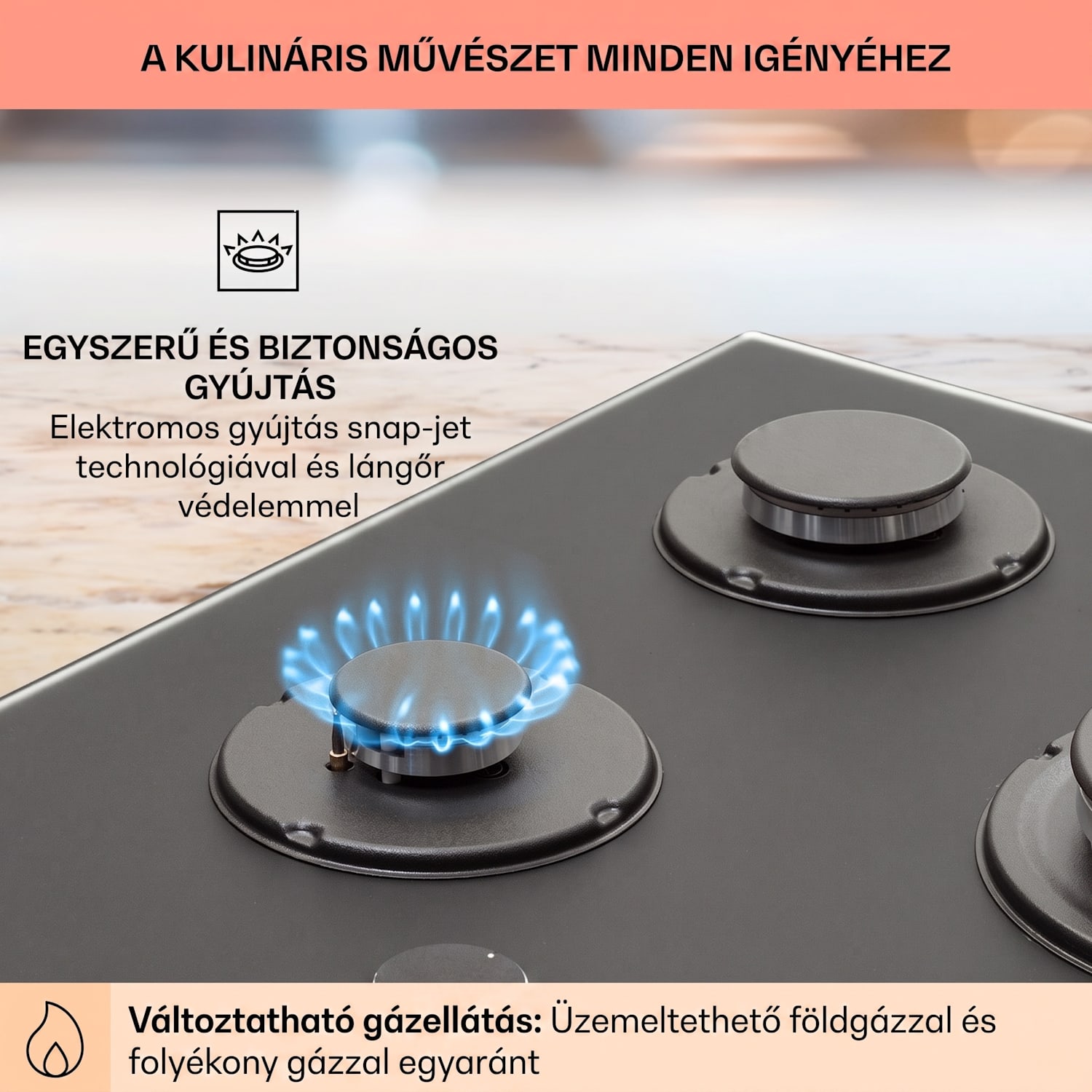 Firetale, gázfőzőlap, 5 égő, 70 cm, alumínium égők, tömlővel és redukáló szeleppel 70 cm | Üveg | Fekete