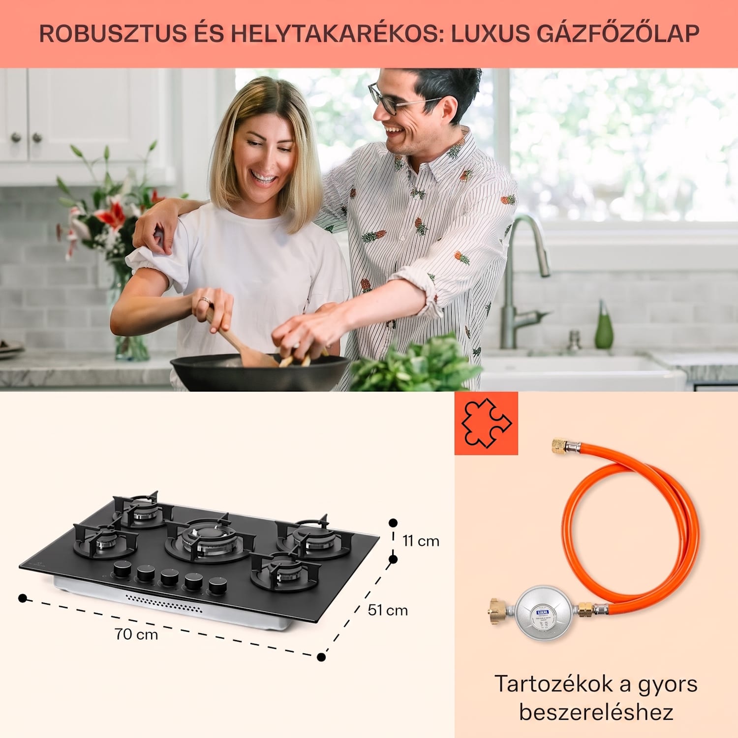Firetale, gázfőzőlap, 5 égő, 70 cm, alumínium égők, tömlővel és redukáló szeleppel 70 cm | Üveg | Fekete