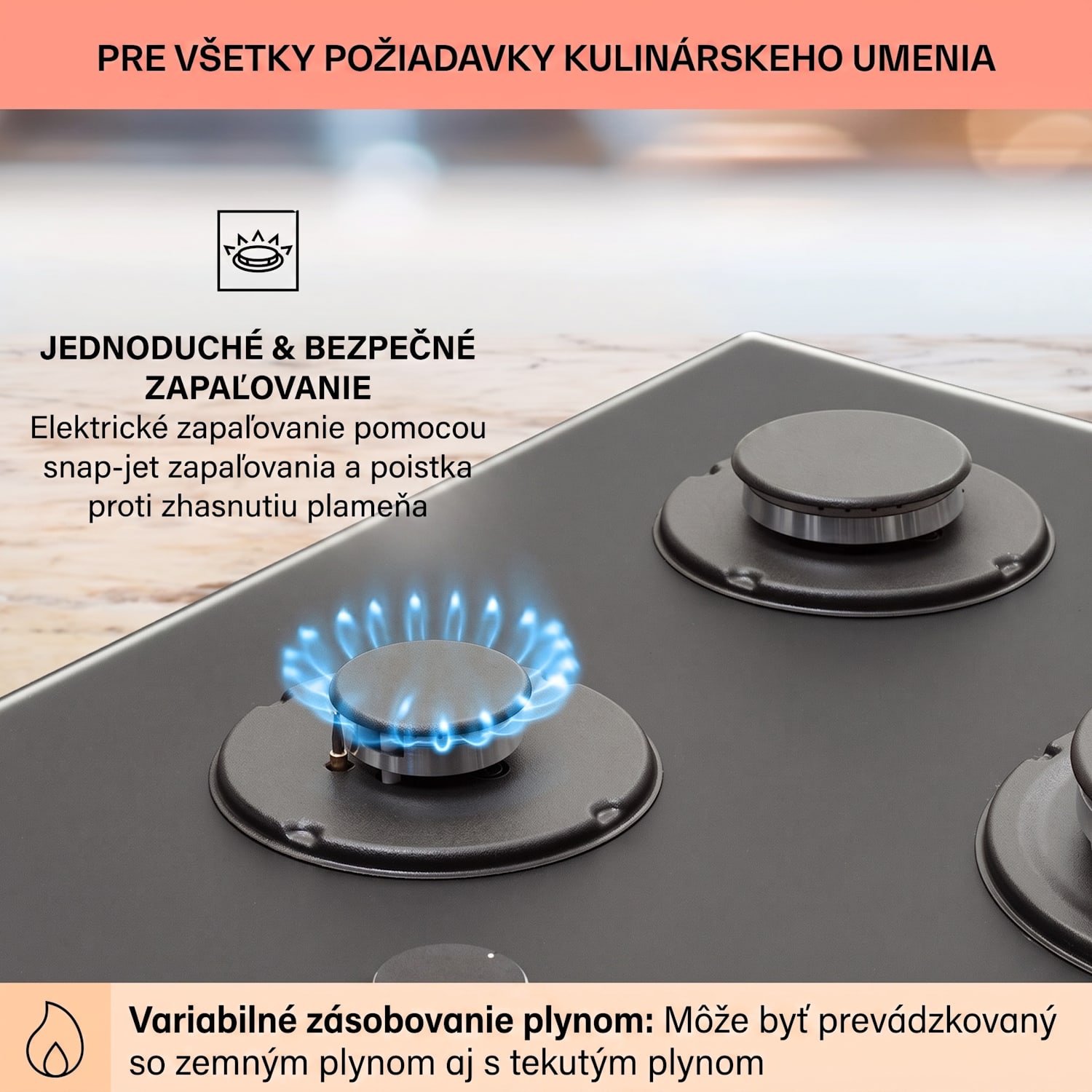 Firetale, plynová varná doska, 5 hliníkových horákov, 70 cm, vrátane hadice a redukčného ventilu 70 cm | Sklo | Čierna