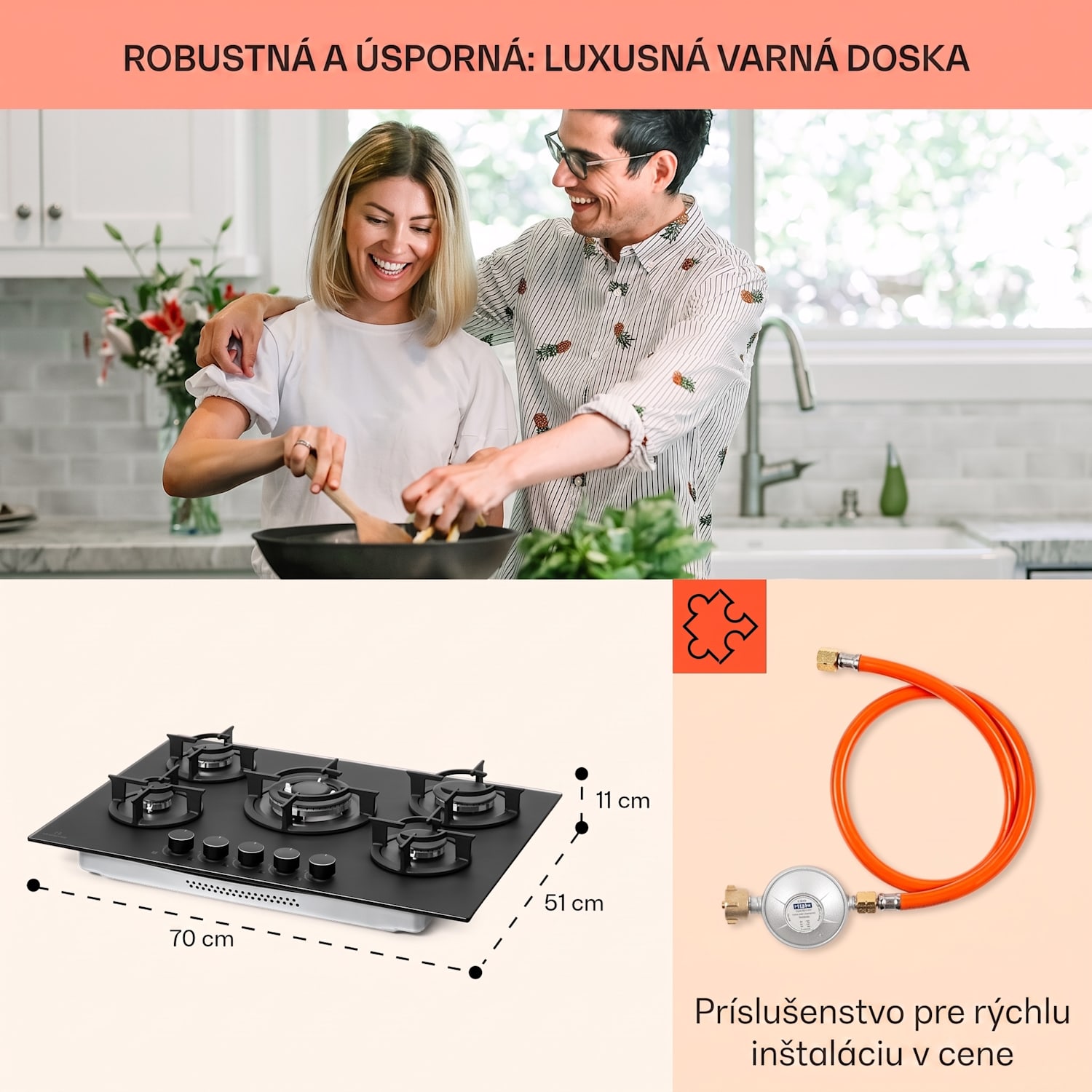 Firetale, plynová varná doska, 5 hliníkových horákov, 70 cm, vrátane hadice a redukčného ventilu 70 cm | Sklo | Čierna