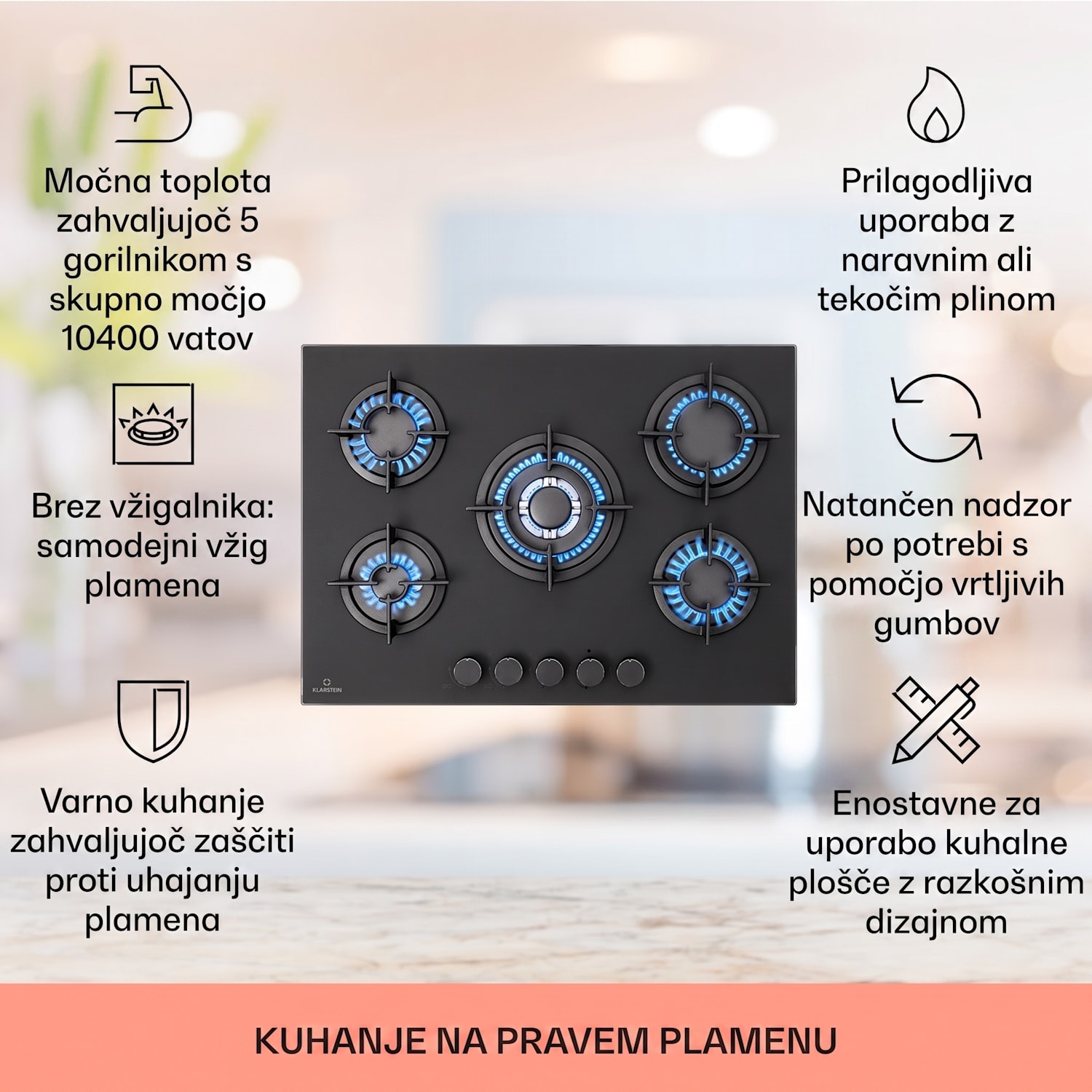 Firetale, plinska kuhalna plošča, 5 gorilnikov, 70 cm, aluminijasti gorilniki, vključno s cevjo in redukcijskim ventilom 70 cm | Steklo | Črna
